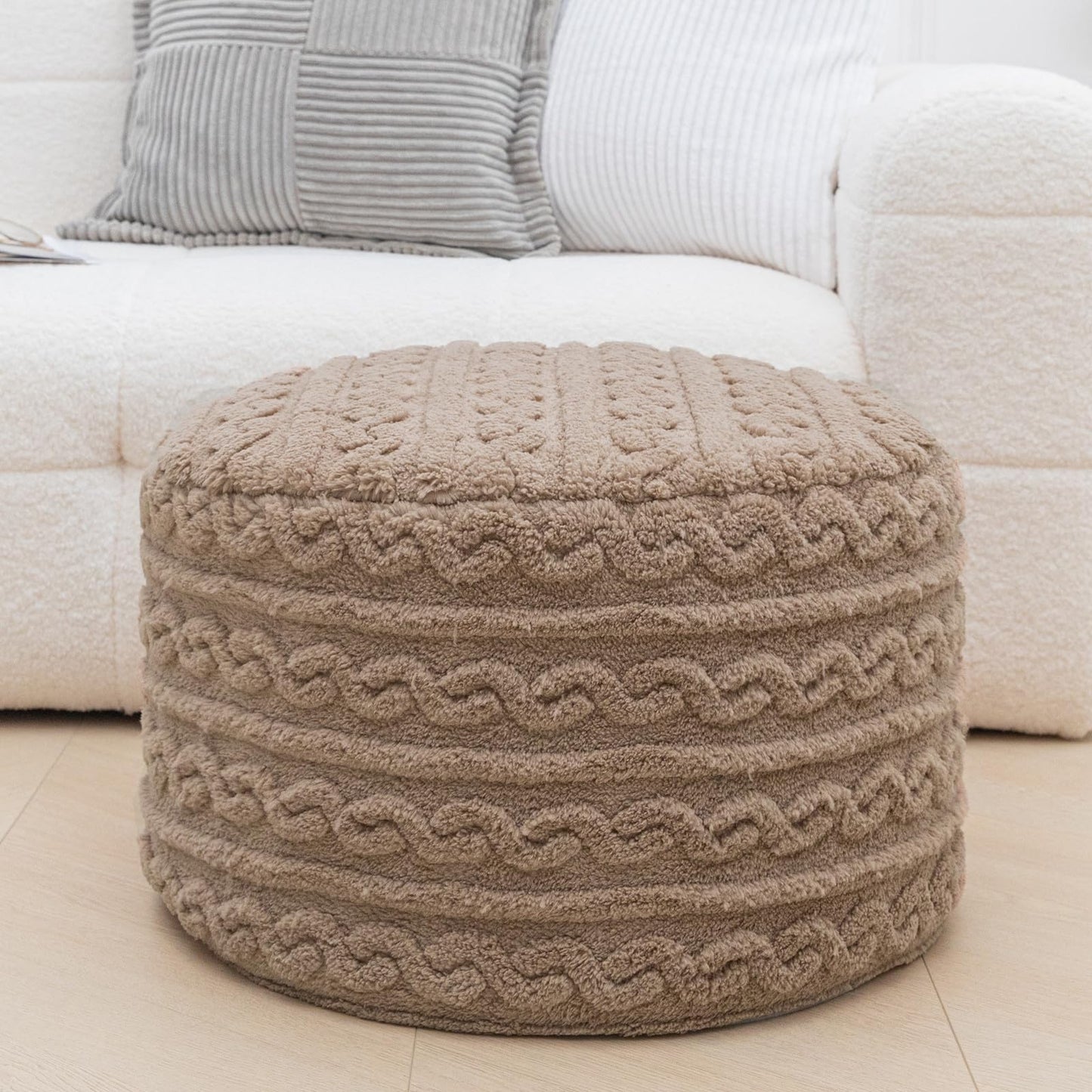 Asuprui Round Pouf Ottoman Stuffed Foot Stool Floor Pouf Chair for Living Room Bedroom Filled One Piece High Resiliency Foam Boho Poof Foot Rest for Couch 20 Diameter x 12 Height Coffee with Filler