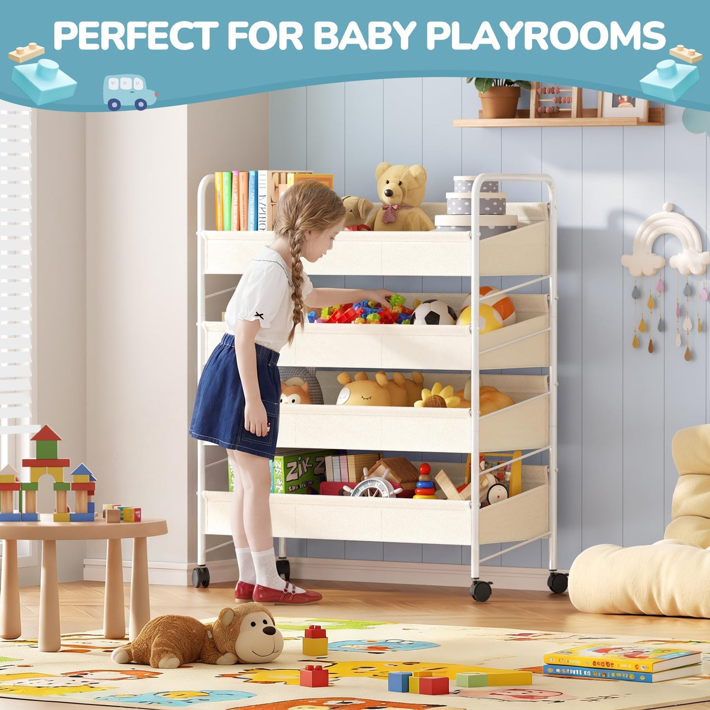Kids Toy Storage Organizer with 4 Shelves and Wheels,White-Supersized Toy Storage Shelf for Toddlers Ideal for Kids' Rooms,and Nurseries,Toddler Furniture for Boys and Girls Ages