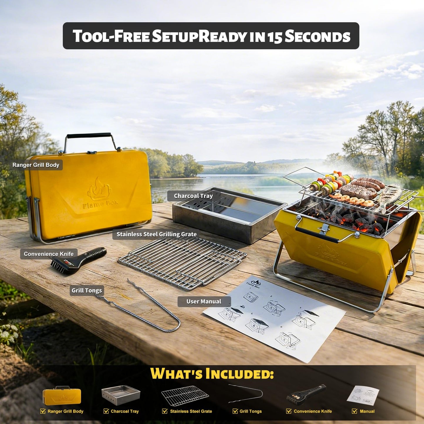 Ranger Portable Charcoal Grill – Compact Lunchbox‑Style Folding BBQ for Camping & Beach| Dual‑Zone Heating, Stainless Steel Body, 3-sec Setup, Includes Tong & Cleaning Brush, Serve 2-3 people
