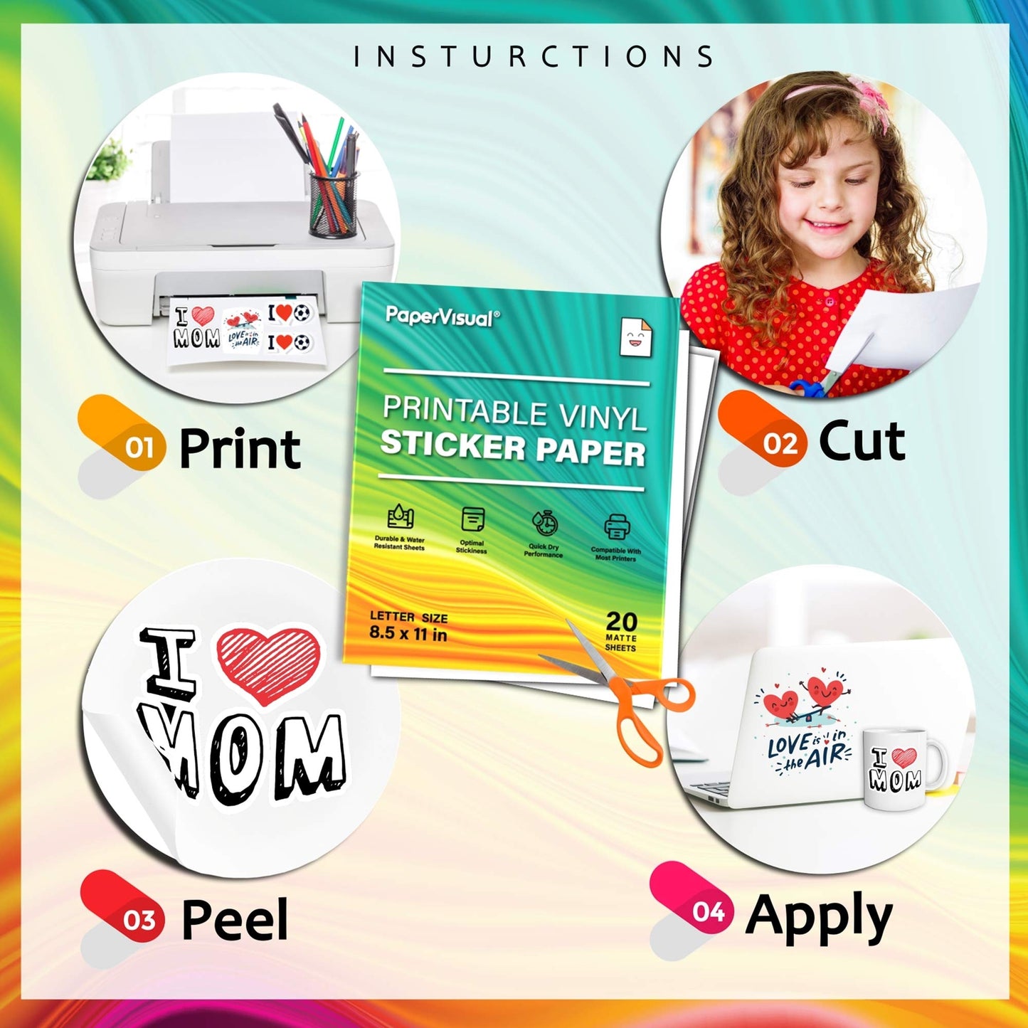 Premium Printable Vinyl Sticker Paper for Inkjet and Laser Printer - 20 White Matte Sticker Paper Waterproof - Excellent Adhesion Paper 8.5 x 11, Fast Dry, Holds Ink Well, Great for Cutting Machines
