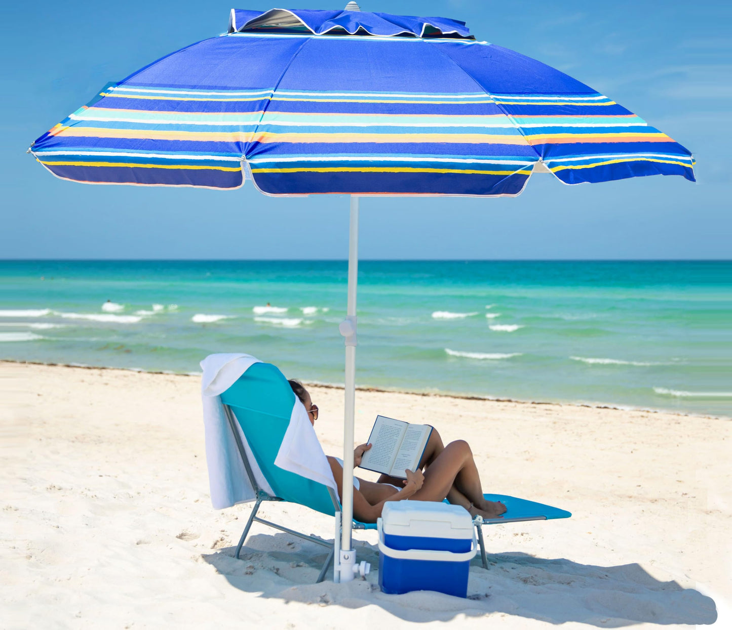 AMMSUN 7ft Heavy Duty High Wind Beach Umbrella Parasols with Sand Anchor Vent Tilt UPF 50+ Sun Protection Portable Outdoor Sunshade Umbrellas Carry Bag for Patio Garden Pool Backyard Blue
