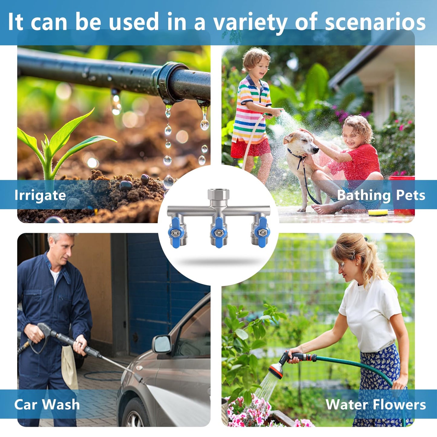 304 Stainless Steel Garden Hose Splitter 3 Way Heavy Duty, Full Flow T Valve Water Hose Splitter With 2.1" Extra Long Handle, Lead-free,3/4" GHT Thread Connector For Outdoor Spigot Faucet