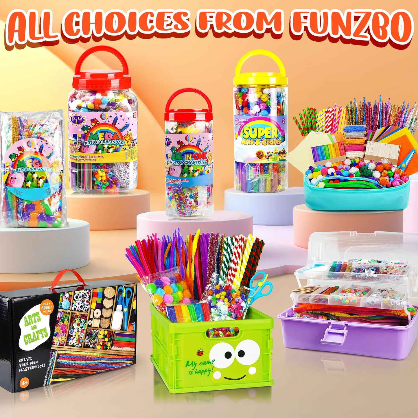 FUNZBO 1200pcs+ Craft Kits with Pipe Cleaners, Pom Poms for Crafts, Popsicle Sticks for Craft, Arts & Crafts Supplies for Kids Ages 4-8 Girls & Boys Birathday Gifts