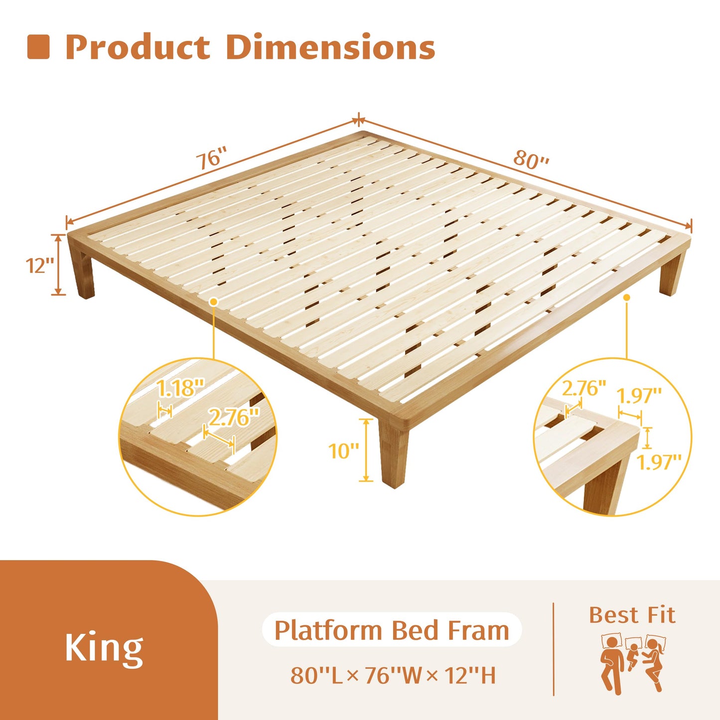 IOTXY King Platform Bed Frame - 12 Inch Solid Wood Mattress Foundation Base with Heavy-Duty Support Slats & Legs, Rubberwood King-Size Bedframe