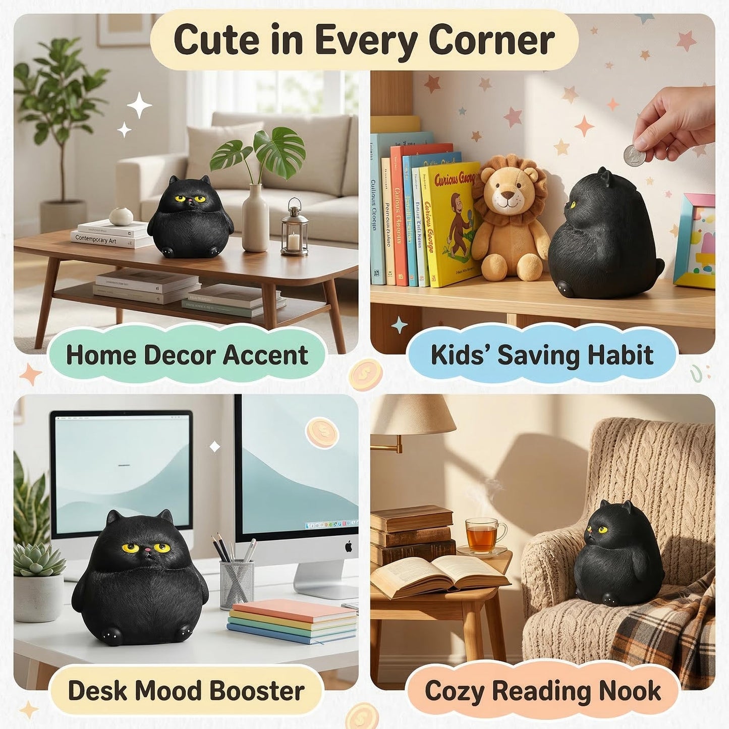OlethRoryLe Black Cat Statue for Home Decor, Resin Animals Cat Figurines Room Decoration for Bookshelf Office Table, Comes with Piggy Bank Function,Gift for Cat Lovers, Woman Mom Retro Cats Animal