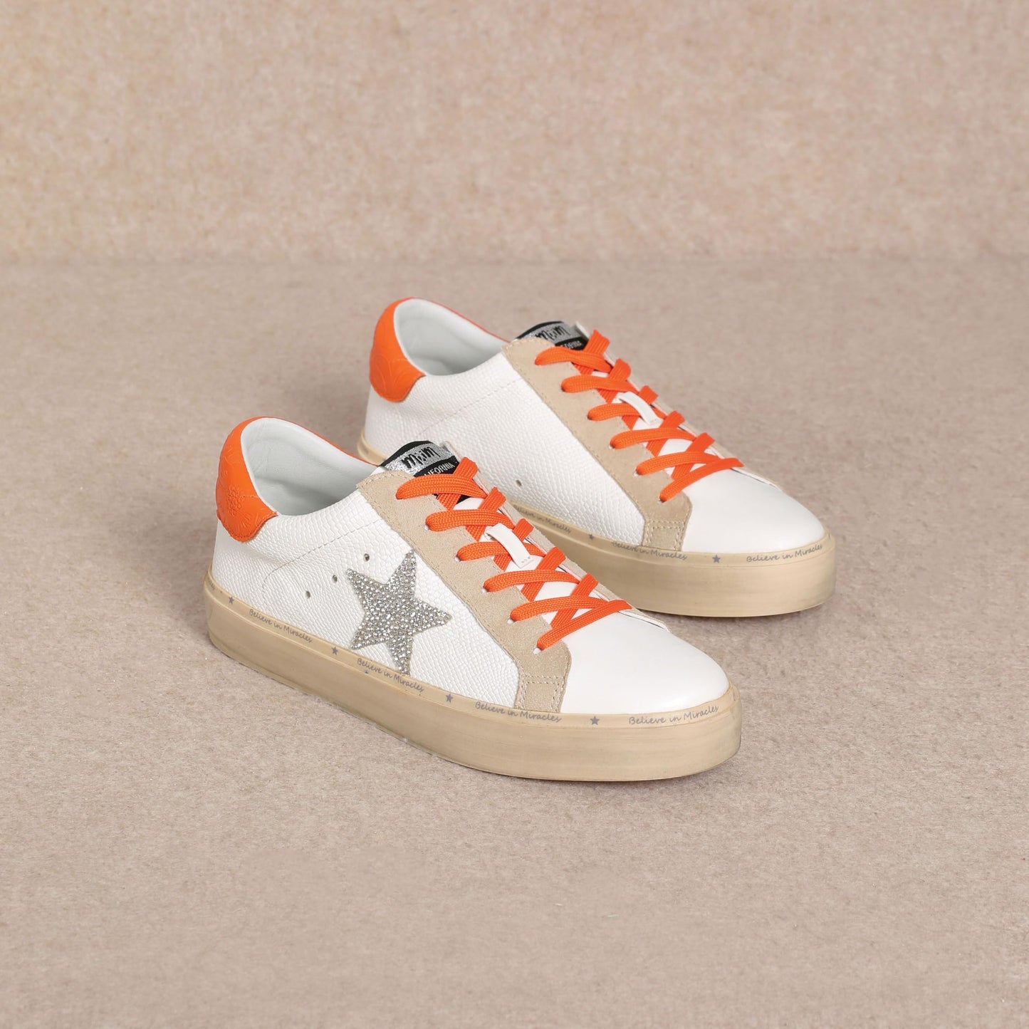 Mi.iM Gaby Rubber Sole Lace-up Snake Print Suede Star Sneakers (White Orange, US Footwear Size System, Adult, Women, Numeric, Medium, 6)