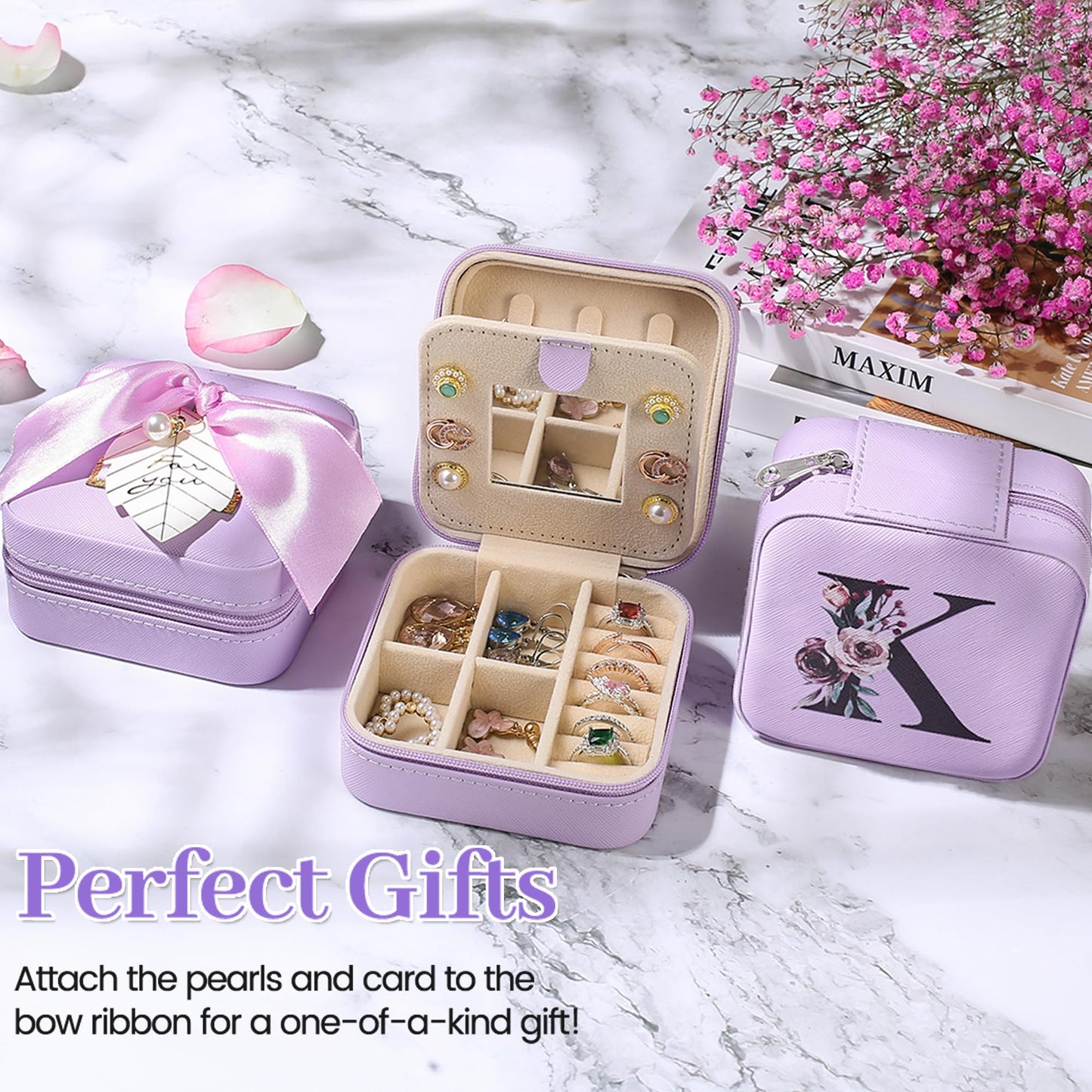 AYGXU Jewelry Organizer Box - Birthday & Mothers Day Gifts for Women, Small Travel Jewelry Case, Initial M Purple