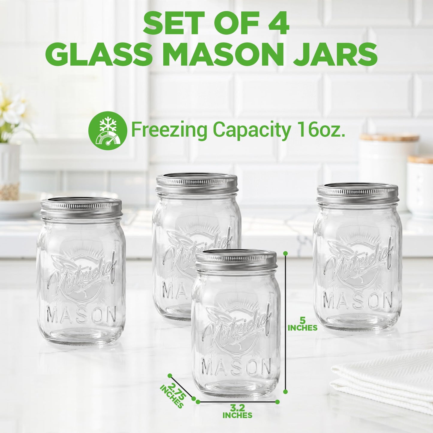 NutriChef 4-Pack 16 oz Mason Jars with Lids - Thick Glass Canning Jars with Stainless Steel Lids - Ideal for DIY Spices, Meal Prep, Overnight Oats, Jelly, Jam, Honey, Candles, Crafts, & More
