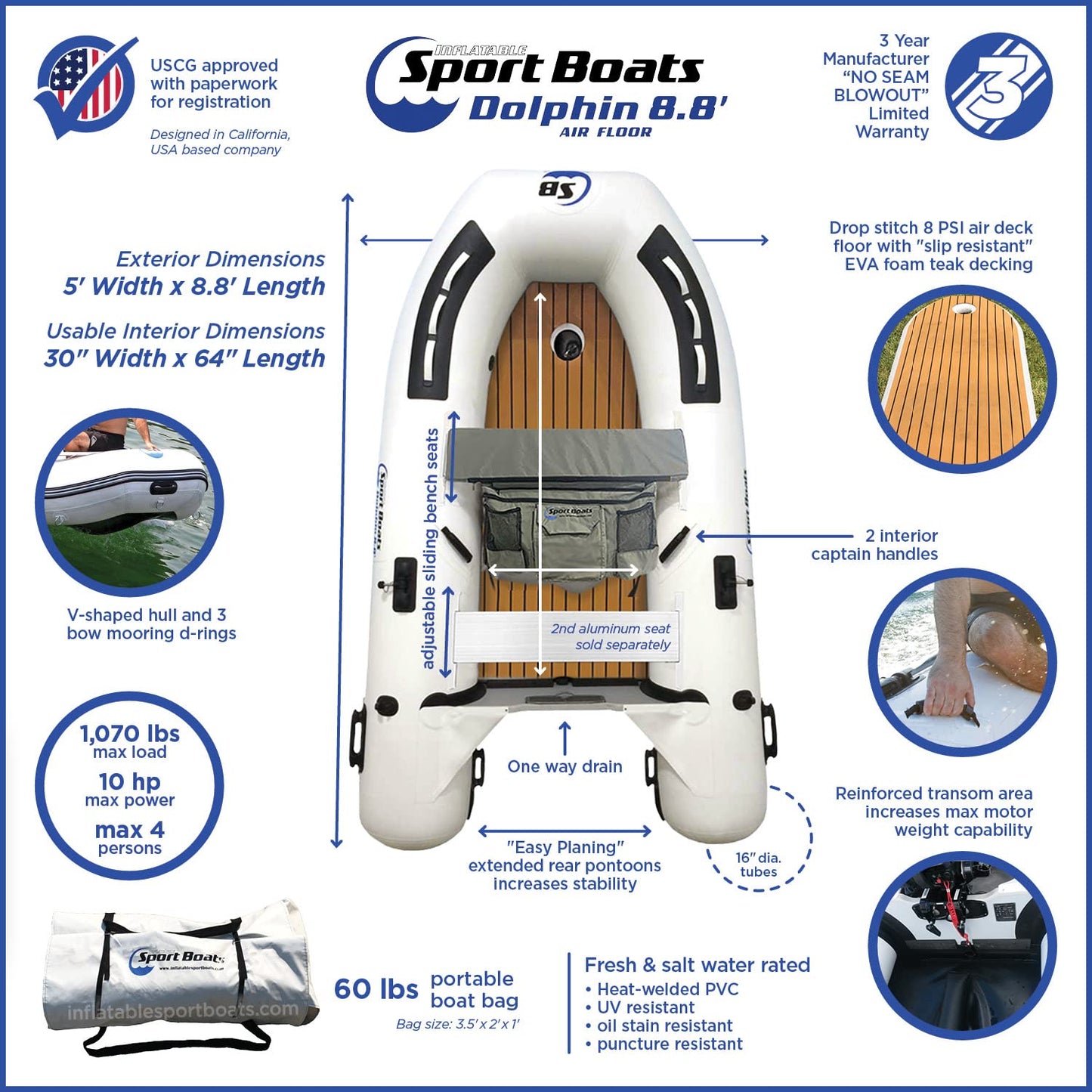 Inflatable Sport Boats Dolphin 8.8' Air Floor with EVA Foam Teak decking - Premium Heat Welded Dinghy