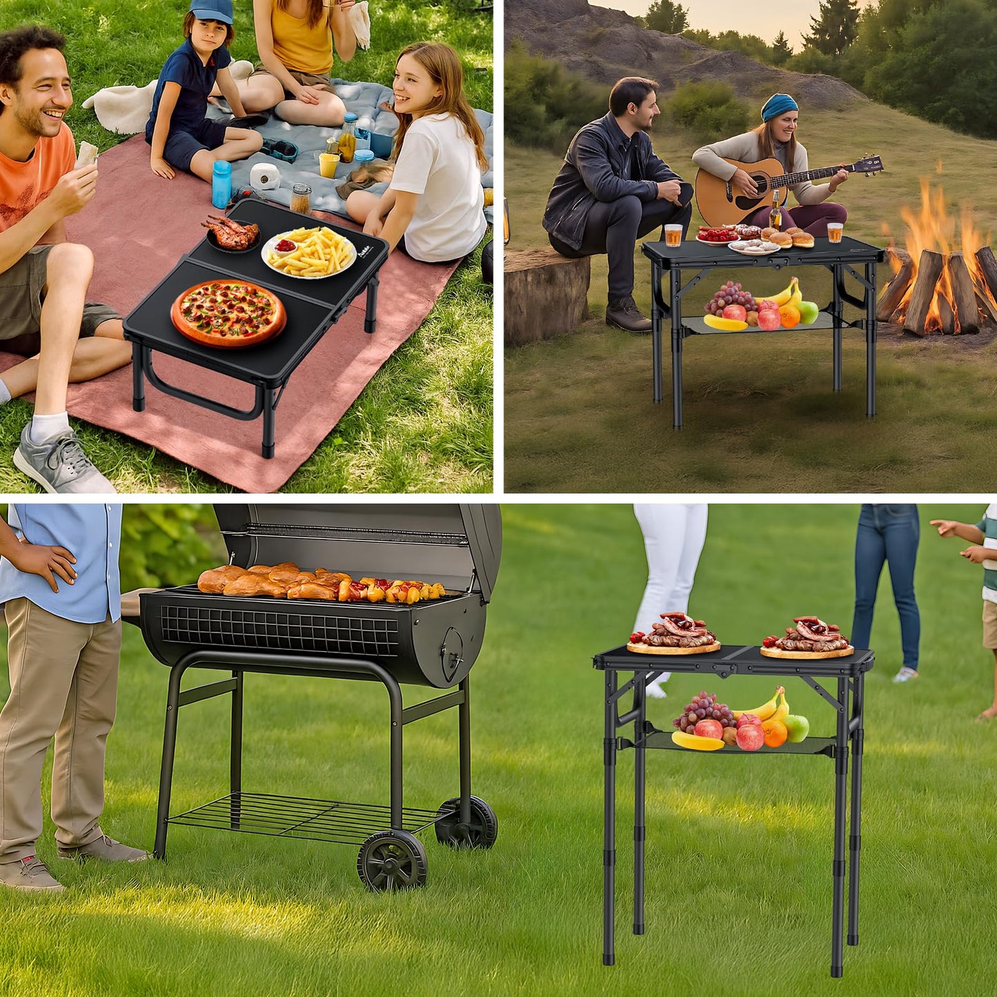 Anbte Folding Camping Table with Storage Net, Pure Black Aluminum 2ft Picnic Table 23.2" x 16" Outdoor Table Adjustable Height Max 27.5", Lightweight, Waterproof, Portable Handle for Travel Cooking