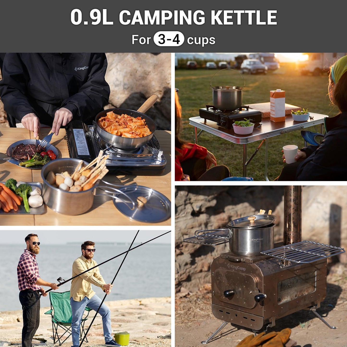 KingCamp Camping Cookware Set, 304 Stainless Steel Campfire Cooking Pots Pan and Kettle with Travel Tote Bag for Camping Outdoor Kitchen Cooking Picnic for 4-6