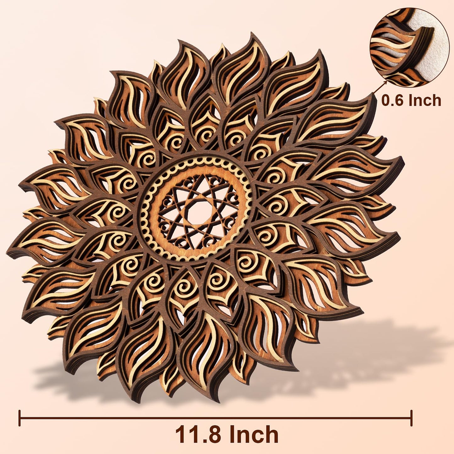 ADDMES 11.8 Inch Sun Wall Decor, Wooden Mandala Wall Art, Hollowed-out Sun Hanging Sign, Multi-layers Lotus Flower Wall Decor, Spiritual Room Decor for Bedroom, Living Room, Farmhouse Decor