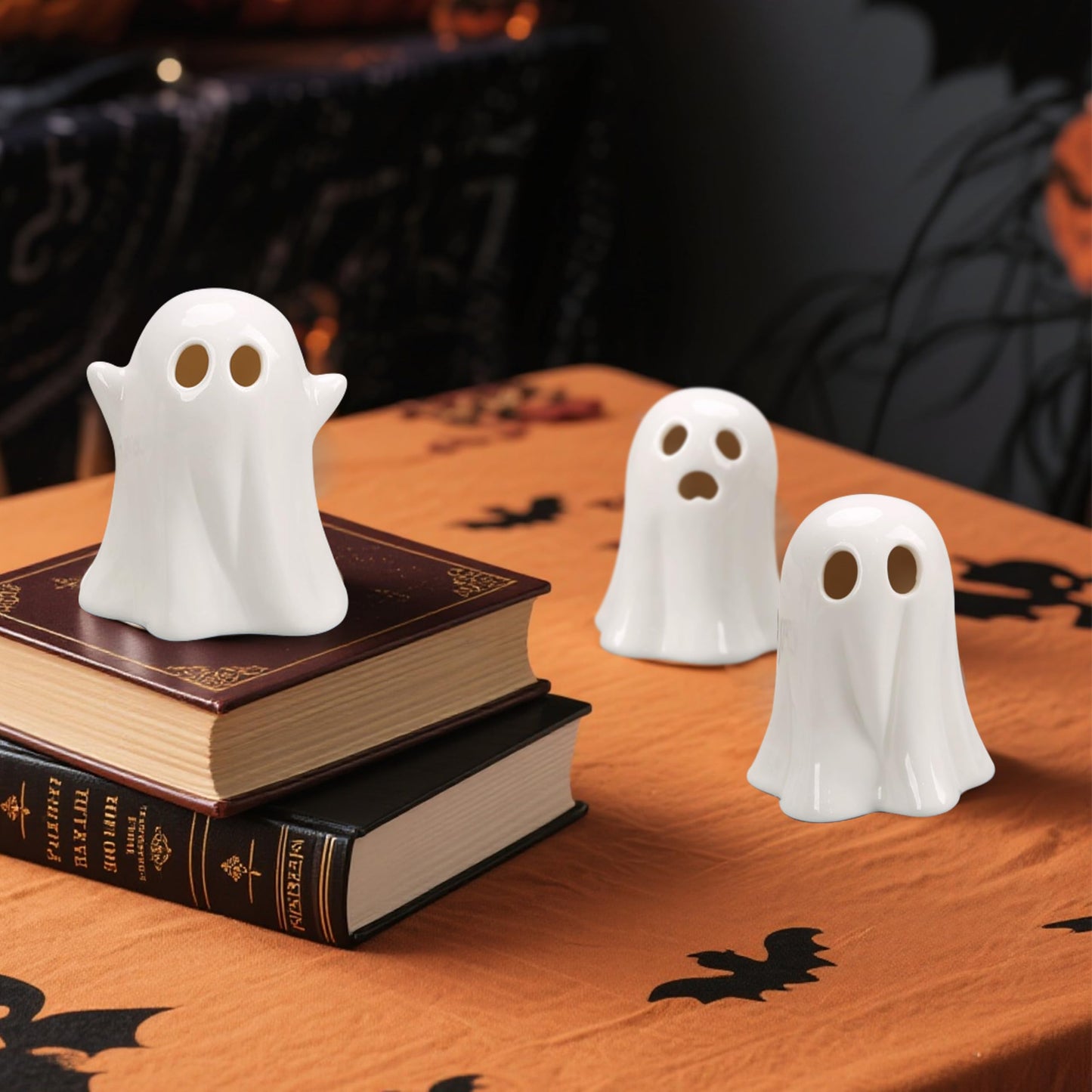 CUTEHO Cute Ghost Light Up Halloween Decor, LED White Ceramic Spooky Lanterns Decorative Light Halloween Party Decoration for Tiered Tray Shelf Table Centerpieces Desk Bedroom Room(3 Pack)