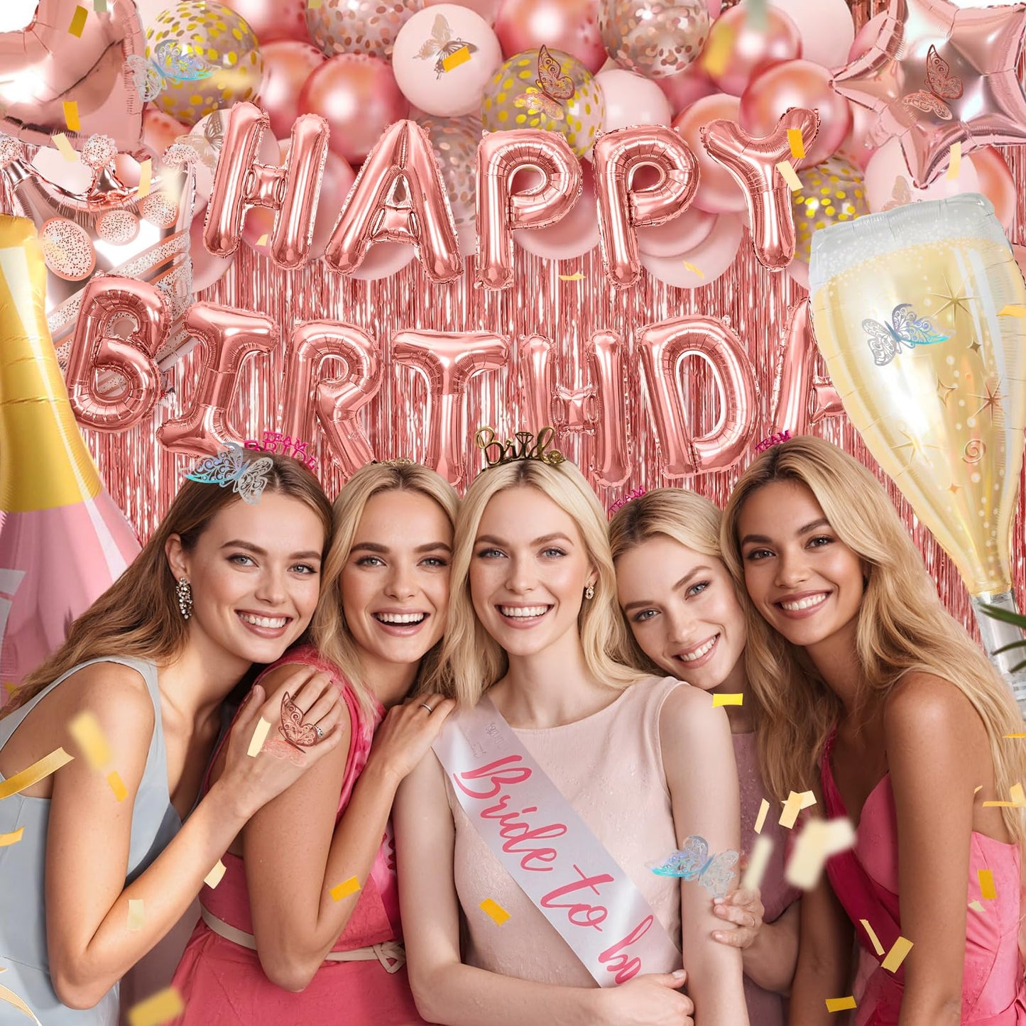 Pink Happy Birthday Decoration Kit: 96pcs Reusable Happy Birthday Banner & Balloon Garland Set, Pink Gold Party Supplies for Women Men Adults Kids, Backdrop Decor