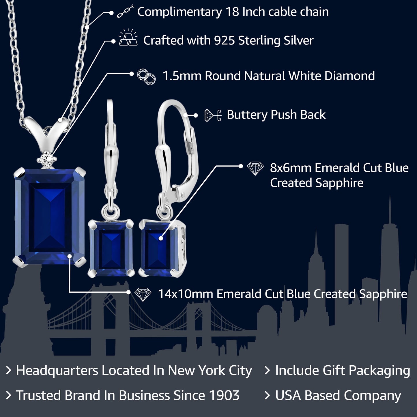 Gem Stone King 9-13 Cttw Pendant and Earrings Jewelry Set For Women | Emerald Cut 14X10MM and 8X6MM | Round 1.5MM | Gemstone Birthstone and Diamond | 925 Sterling Silver | 18 Inch Silver Chain