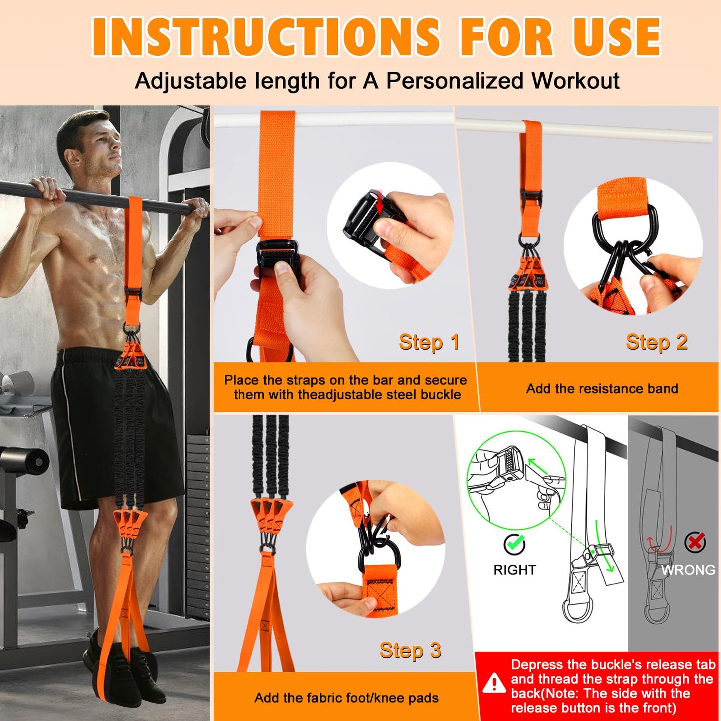 Pull Up Assistance Bands Set,3 Heavy Duty Pull-Up Bar Resistance Bands,Adjustable Weight/Height,Training Equipment with Handle and Foot Rest Unisex for Home & Gym/Muscle/Strength Training(Orange)