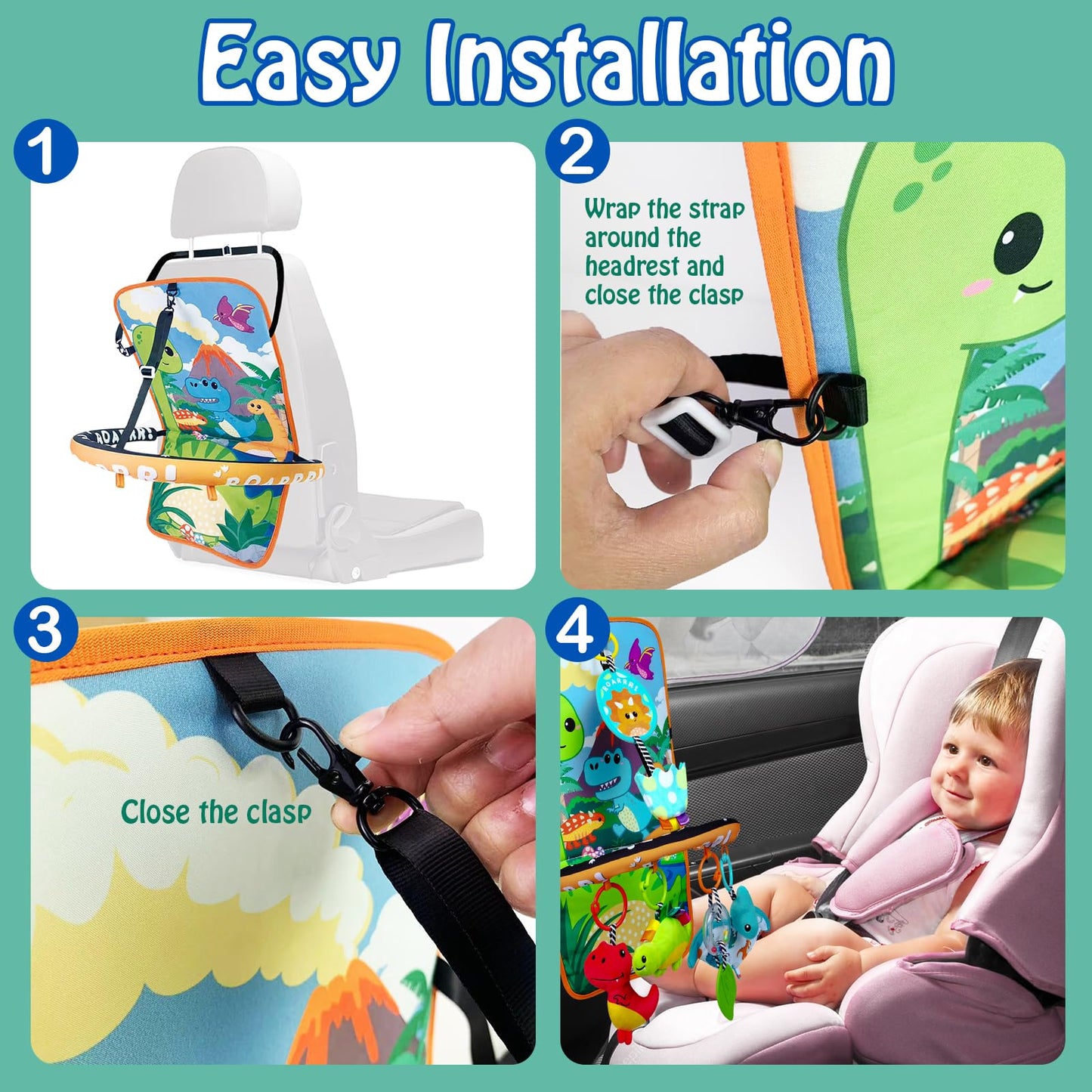 Innofans Baby Car Seat Dinosaurs Toys - Kick and Play Double Sided Infant Car Seat Toys with Plush Toys, Mirror, Teether for Baby, Babys Travel Activities, Christmas Birthday Gifts Newborn Infant Toys