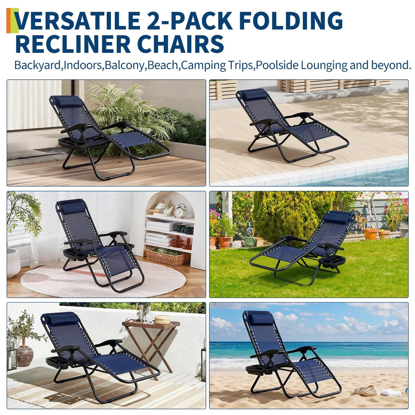 Garvee Outdoor Reclining Lounge Chair Set of 2 with Cup Holder & Padded Headrest, Adjustable Patio Folding Chairs, Heavy Duty Portable Camping Lawn Chairs for Pool, Backyard, Beach, Deck Blue