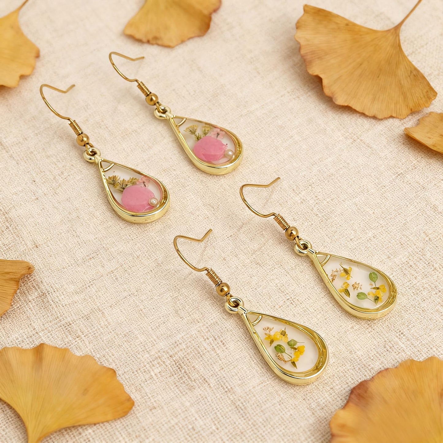 Jean Beau Handmade Pressed Flower Earrings for Women, Unique Resin Pink Dried Flowers Gold Plated Teardrop Dangle Drop Nature Floral Earings Fashion Summer Jewelry Gift