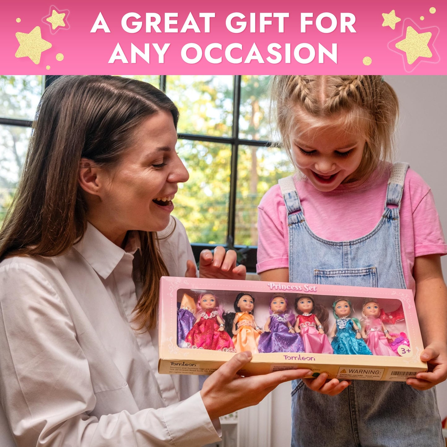 TOMLEON Princess Dolls Playset β 6 Mini Princess Dolls with Colorful Gowns, Crowns & Jewelry β Fantasy Role Play Set for Kids with Elegant Dresses, Accessories & Royal-Themed Box β Gift for Ages 3+