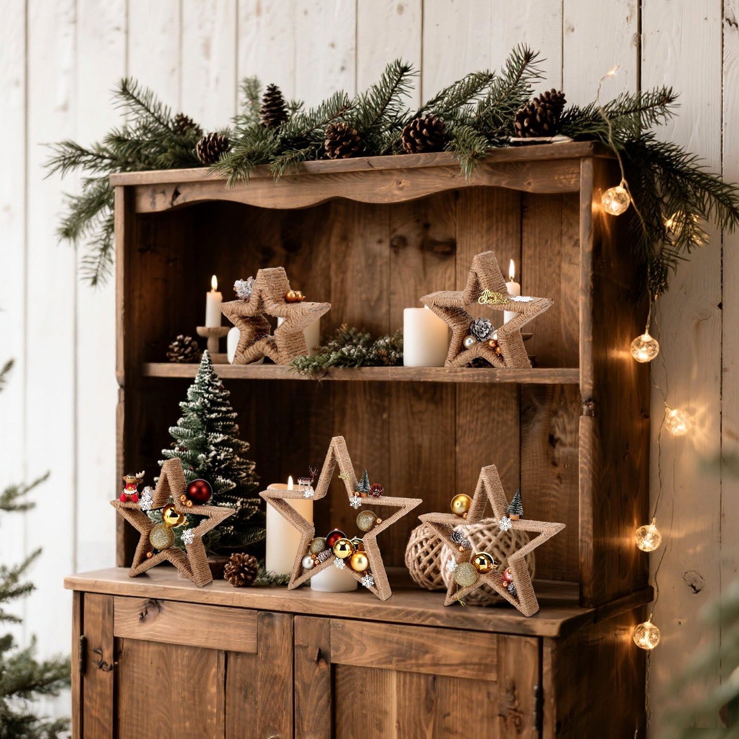 Vercraft 5 Pcs Lighted Wooden Stars Patriotic Star Table Centerpiece 4th of July Burlap Rope Tabletop Decor Signs for 250th Anniversary DIY Crafts Independence Day Memorial Day Party Office Home Shelf