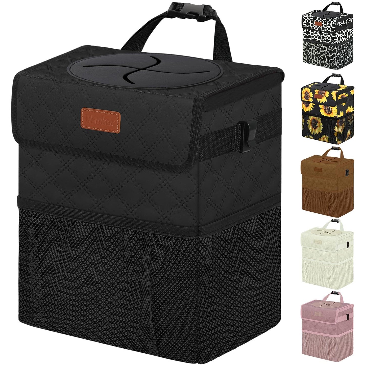 Car Trash Can Bin with Lid Hanging for Back Seat, Car Accessories for Women Men Leak Proof Automotive Garbage Cans Leakproof Vehicle Trash Can for Truck SUV Black
