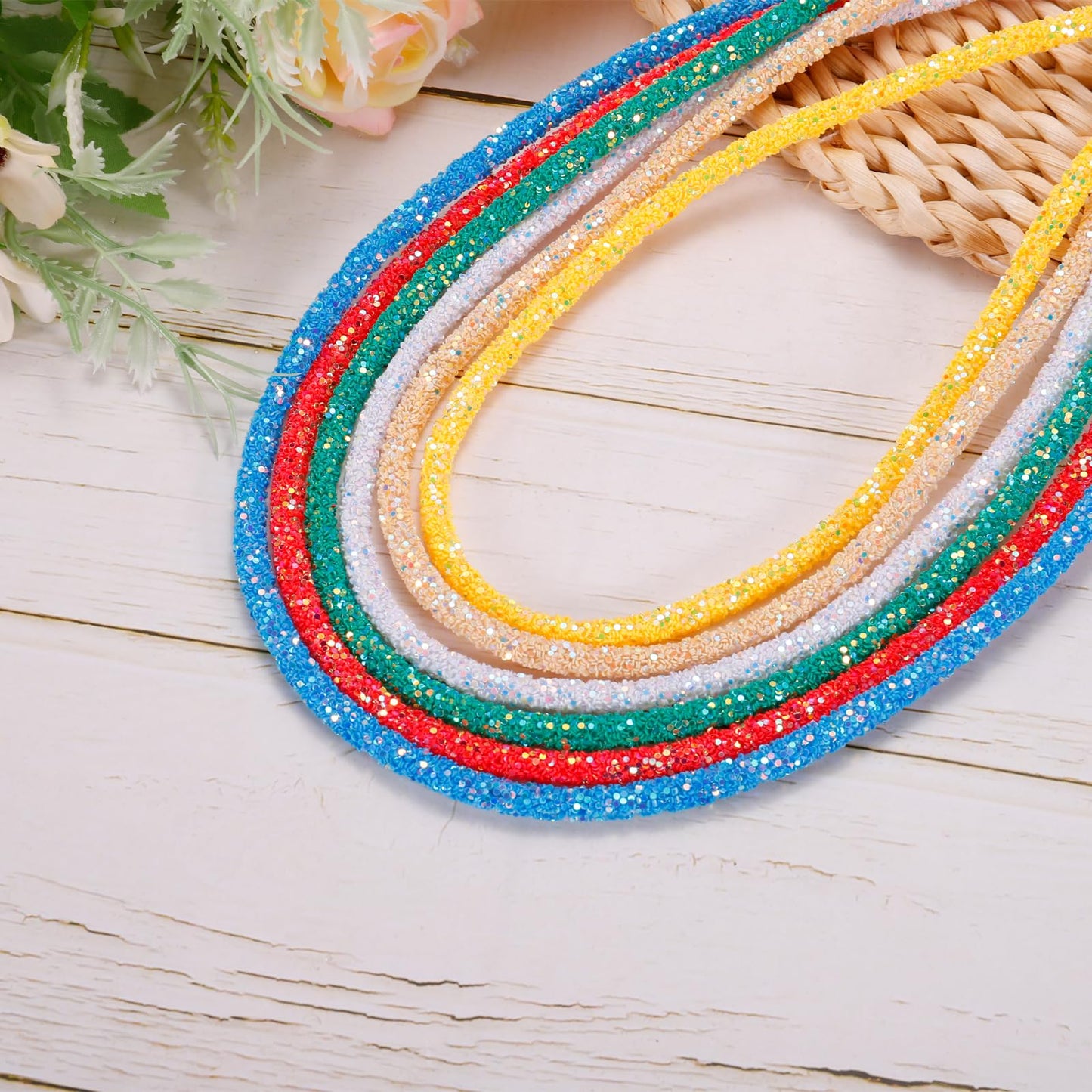 MECCANIXITY 5 Yard 7mm 0.28 inch Glitter Sequins Rope Sequins Rhinestone Tube Cord for DIY Wedding Dresses Costume Clothing Shoes Jewelry Accessory Champagne