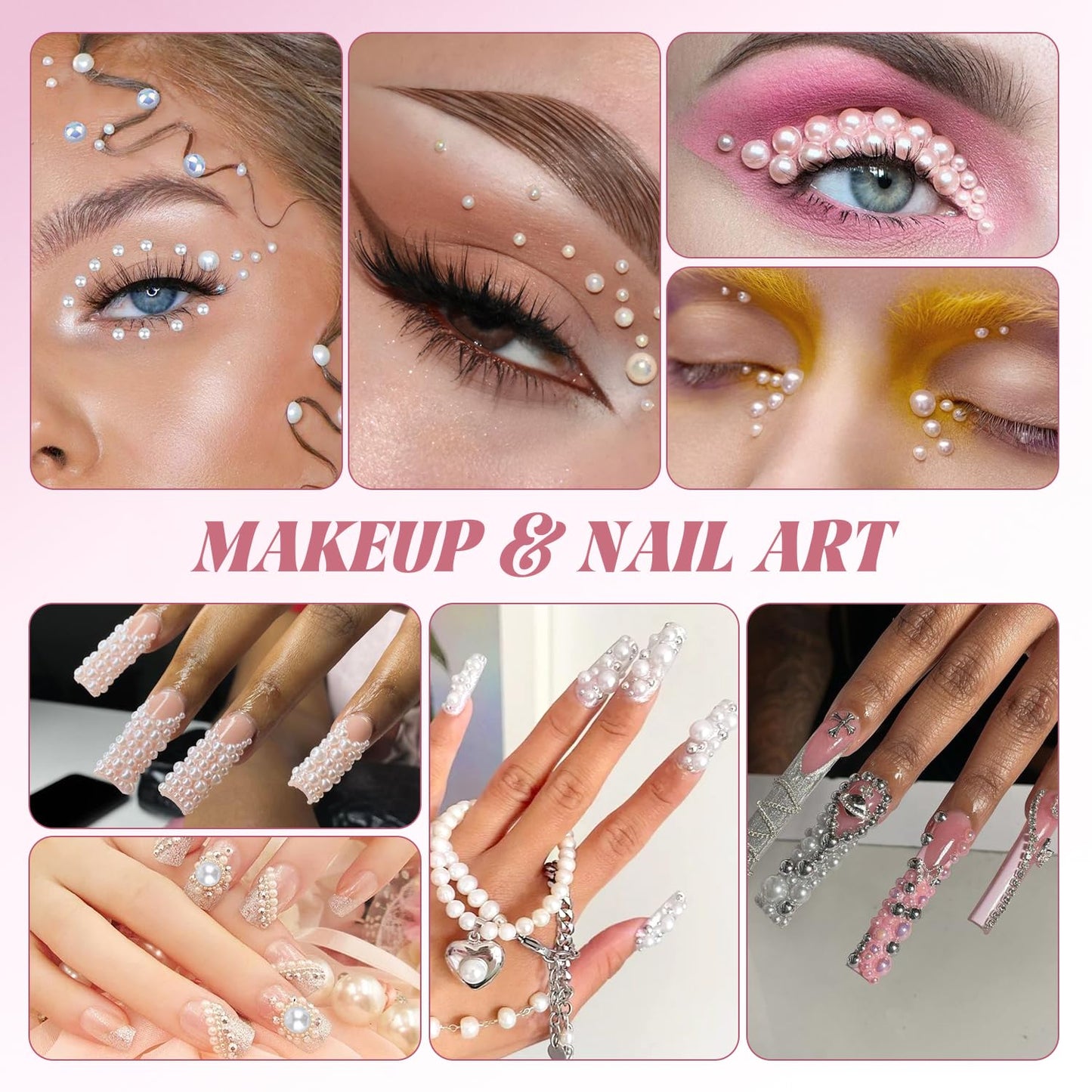 14000Pcs Flatback Pearls and Rhinestones for Crafting, Pink White Mixed Size 3-8mm Resin Rhinestones and Half Pearls for Bedazzling, Nail Art and Decoration with 3pcs B7000 Jewelry Glue