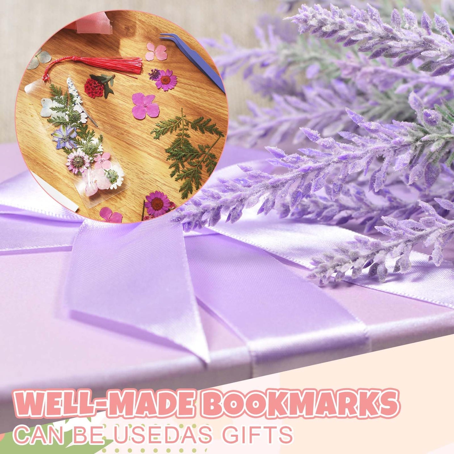 AmazingSpark 222 Pcs Dried Flower Bookmark Making Kit Include DIY Pressed Flower Colorful Tassels Ribbons and Transparent Bookmark Laminating Pouches 2 x 6 Inch(Purple)