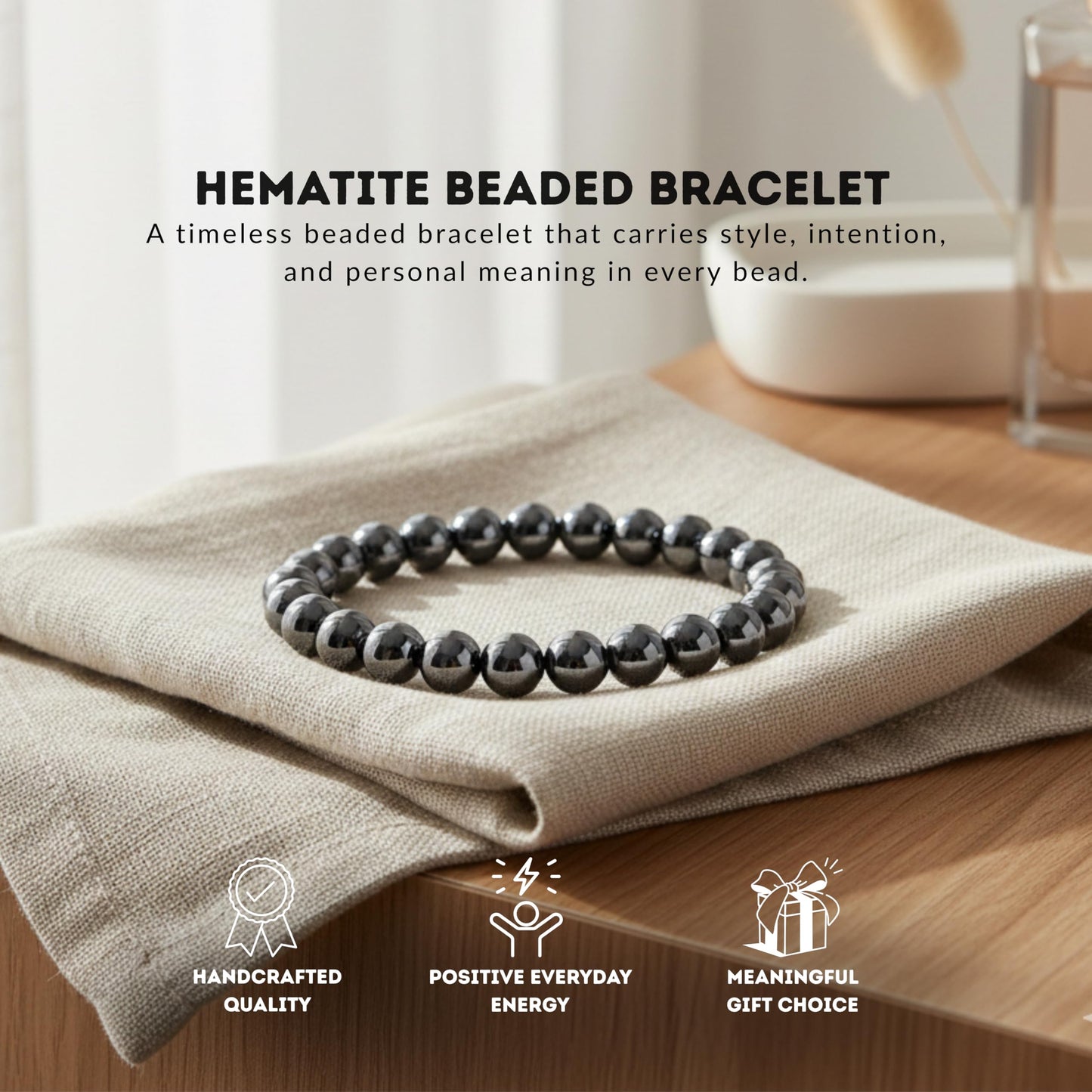 Cherry Tree Collection Hematite Beaded Bracelet – Genuine 8mm Gemstone Stretch Bracelet for Men & Women – Handmade Crystal Bracelet - (Hematite - S)