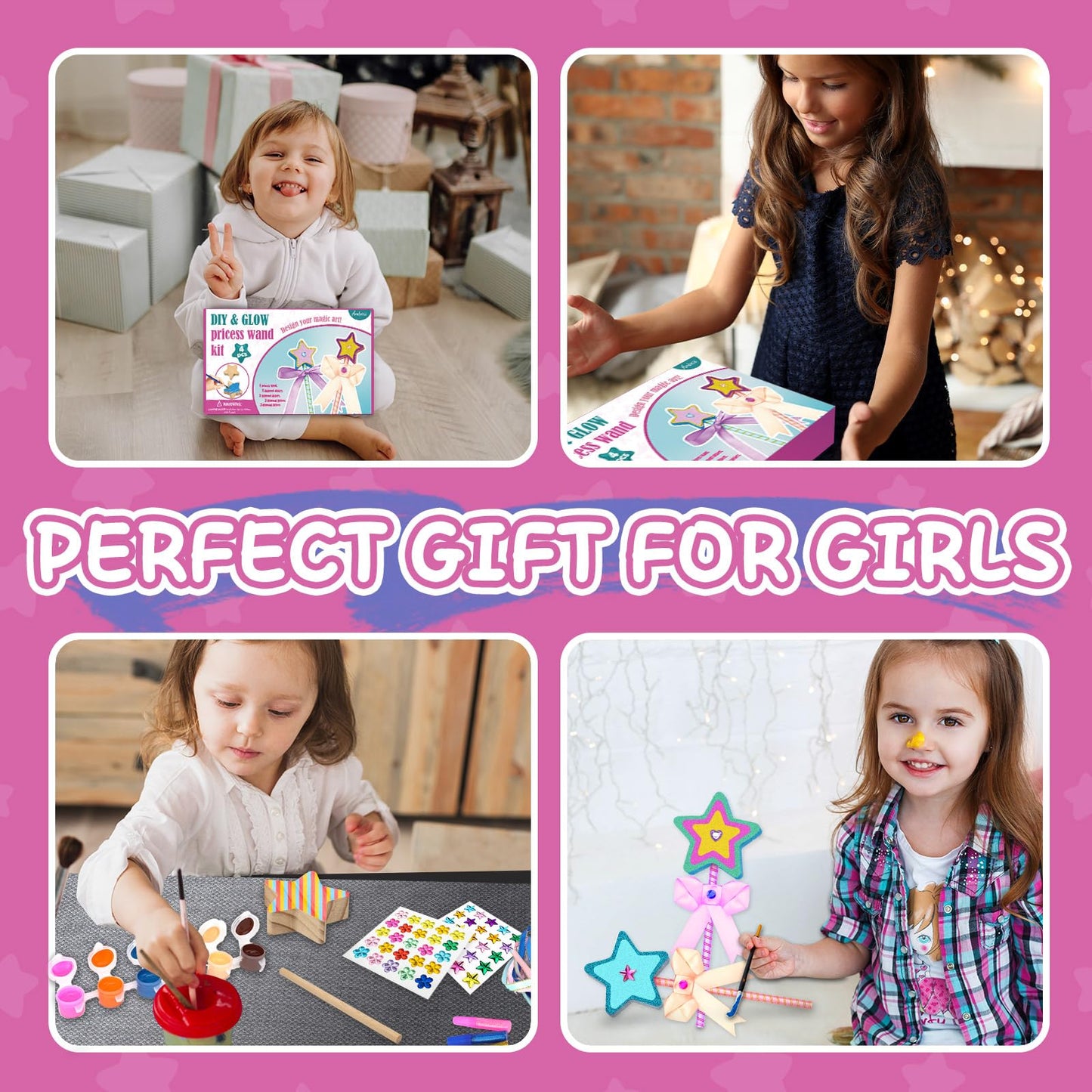 Ambesi Make Your Own Princess Wand Craft Kit, 4PCS Thick Wooden Fairy Wands with Gem Stickers & Ribbons, Art Kits for Toddler, Girls Painting Crafts Birthday Holiday Gifts for Girls Ages 3 4 5 6