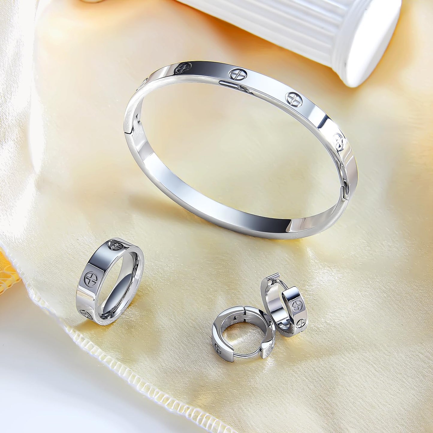 3 Pcs Hoop Earrings Bracelets Ring Sets for Women-18K Gold Plated Love Bracelet Cubic Zirconia Cuff Bangle Hoop Earrings Friendship Love Ring Jewelry Set,Wedding Party Christmas Valentine's Day Birthday Gifts for Her Girlfriend Sister Daughter