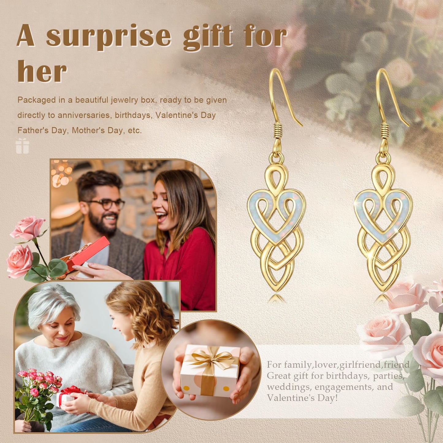 XPYPZP 14K Gold Celtic Knot Earrings Irish Gift for Women Opal Celtic Heart Dangle Drop Earrings Irish Love Jewelry Ireland Mothers Day Gifts for Mom Wife