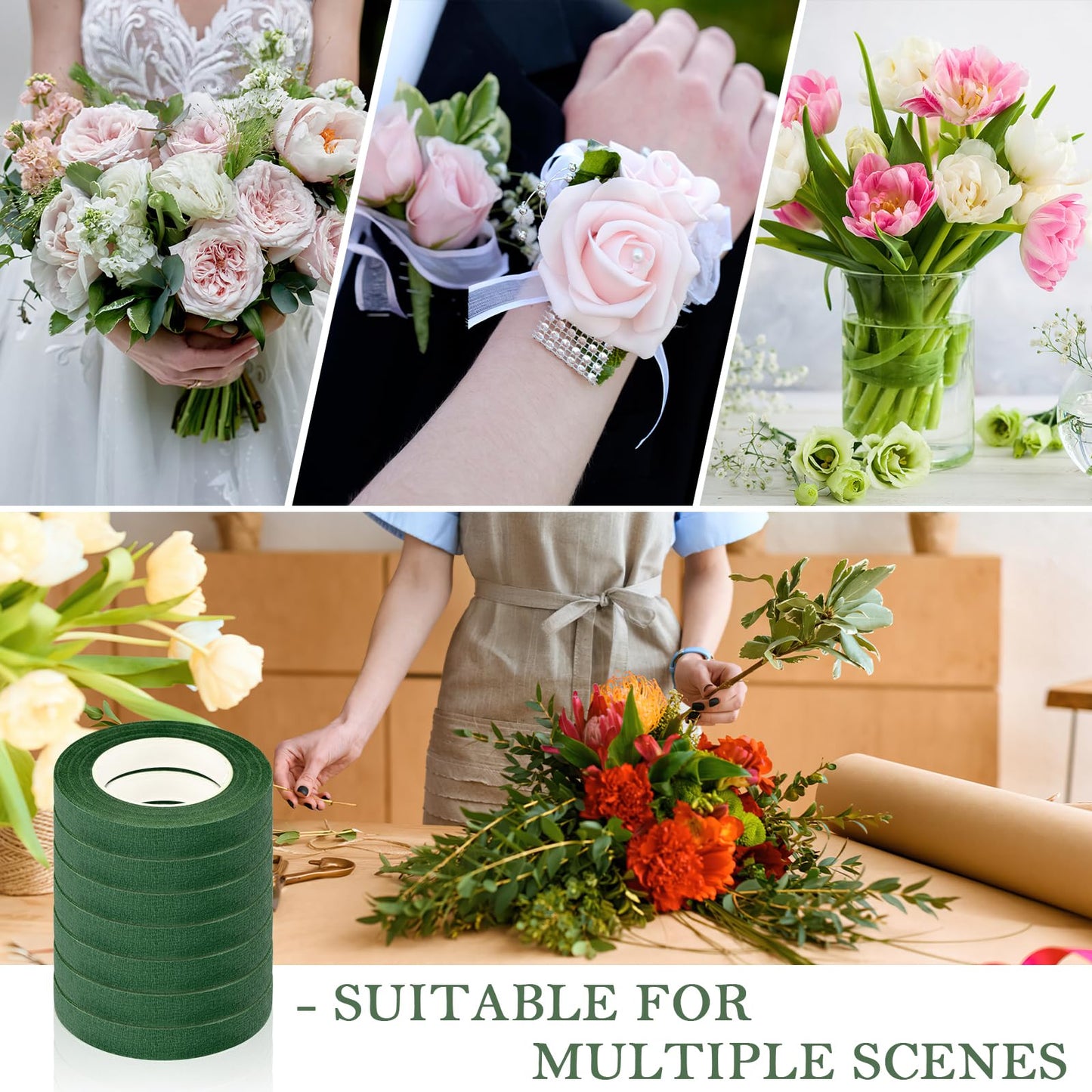 COIDEA 8 Rolls Floral Tape, 1/2" Wide Flower Tape, Dark Green Floral Tape for Fresh Flowers, Adhesive Florist Tape for Floral Crafts, Bouquet Floral Arranging Stem Wrapping, Wedding Bouquet, 30Yard