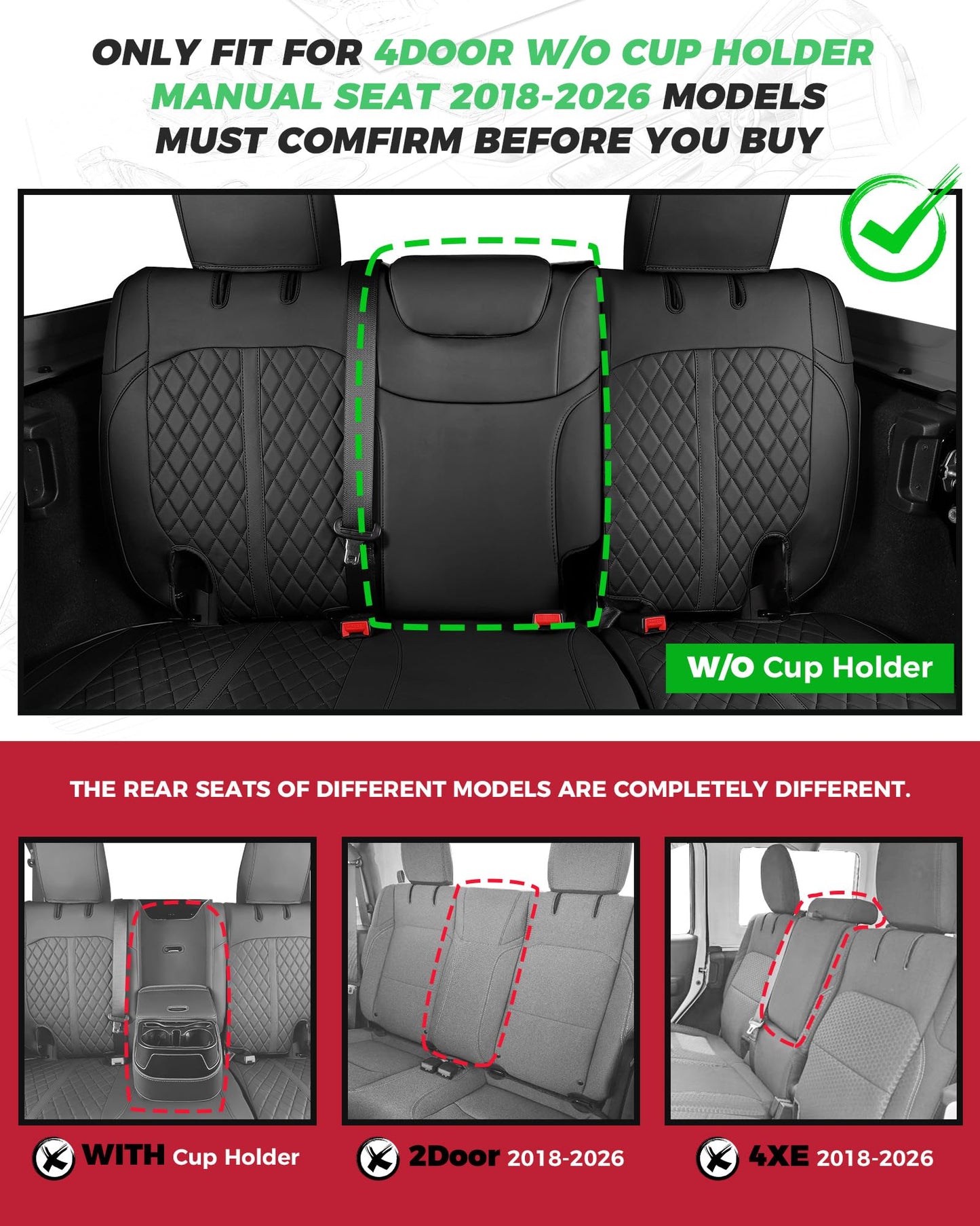 RIDEPOSH for Jeep Wrangler Seat Covers 4Door JL 2018 2019 2020 2021 2022 2023 2024 2025 2026, Custom Fit Car Seat Cover Full Set, Luxury Waterproof Leather Seat Protectors, Black, W/O Rear Cup Holder