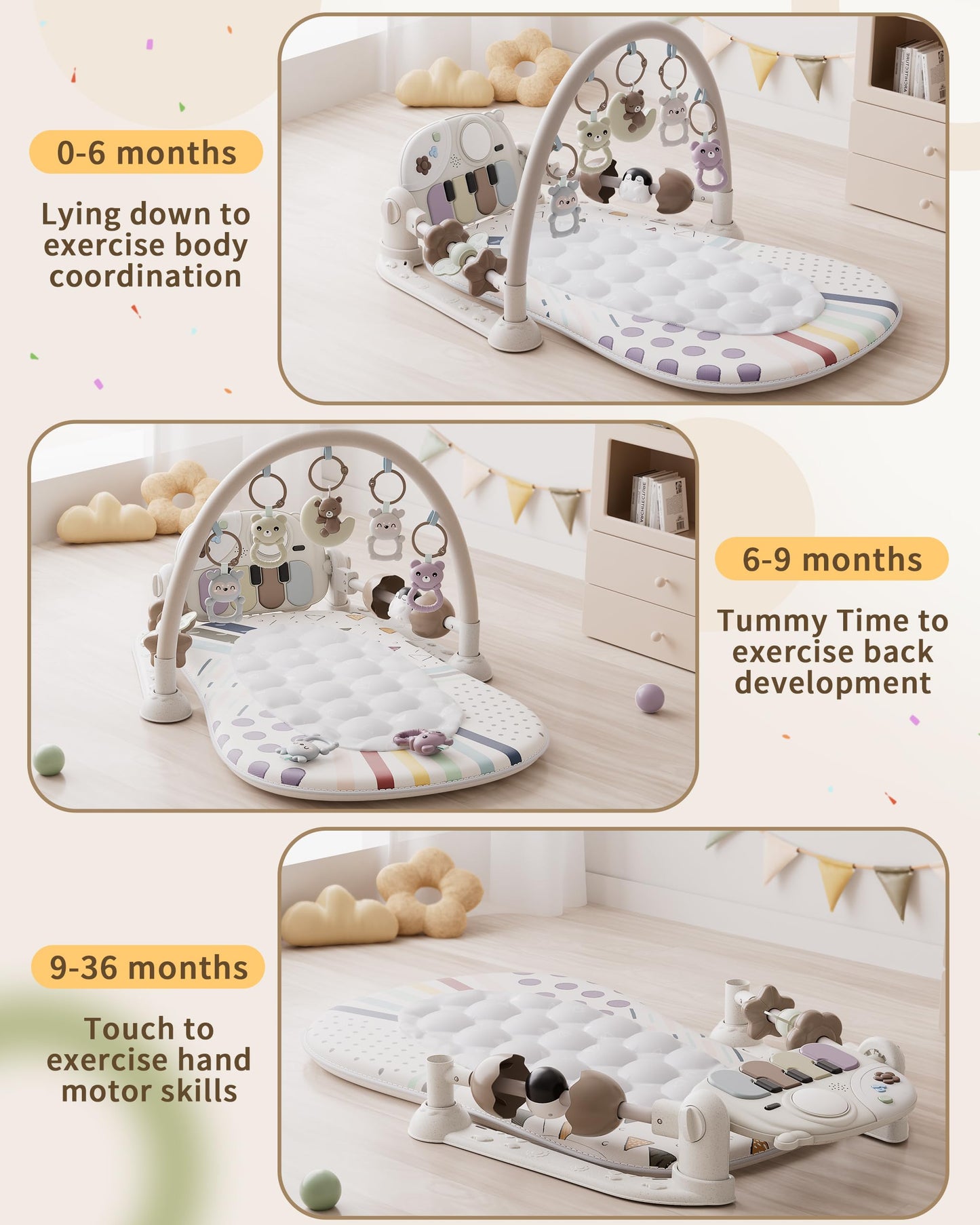 Jovow Baby Gym Play Mat with Detachable Musical Piano, Light Up Activity Center with 4 Rattles & Glowing Night Light, Educational Sensory Toys for Newborns 0-12 Months