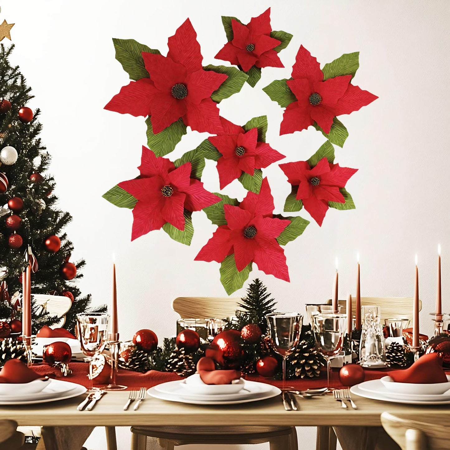 Handmade Poinsettia Christmas Flowers Decoration, Crepe Paper Poinsettia Flower with Clips Christmas Tree Artificial Flower Decorations with Stems for DIY Xmas Wreath Holiday Party Home Wall Decor