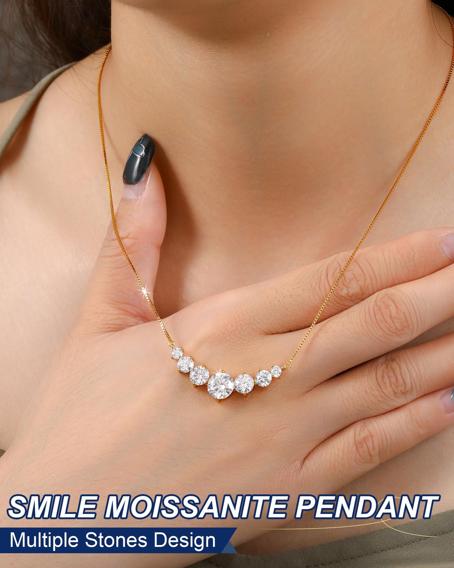 Moissanite Necklace for Women, 5.0 Carat 7 Stones Simulated Diamond Necklace 18k Yellow Gold Plated Sterling Silver Smile Pendant Necklace 16.5+2.5 inch Box Chain with Certificate of Authenticity
