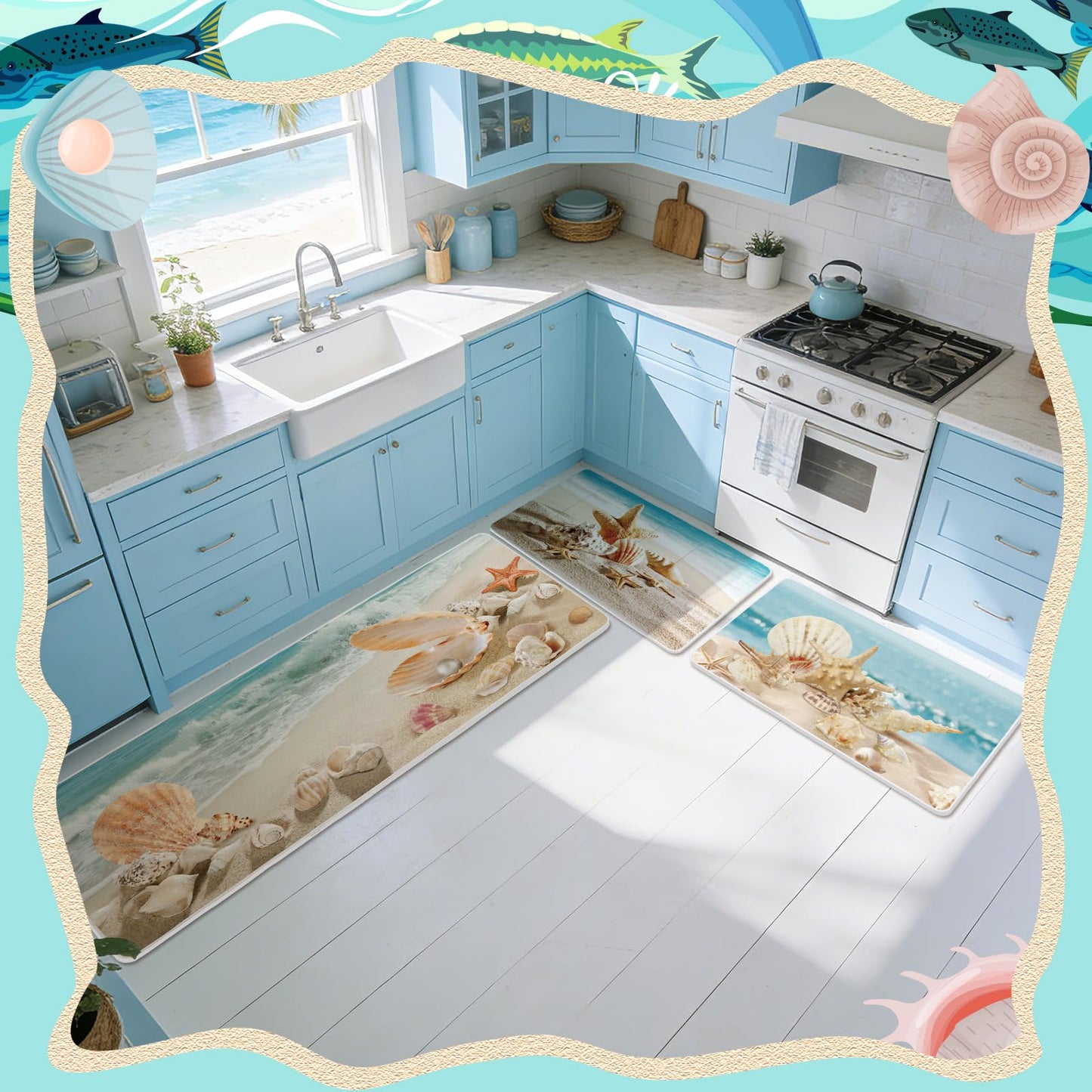 Drydiet 3 Pcs Beach Theme Kitchen Rugs and Mats Set Sea Ocean Non Slip Area Rug Coastal Starfish Shell Waterproof Floor Mat for Summer Kitchen Hallway Home Door Party Decor, 17 x 29 and 17 x 47 Inch
