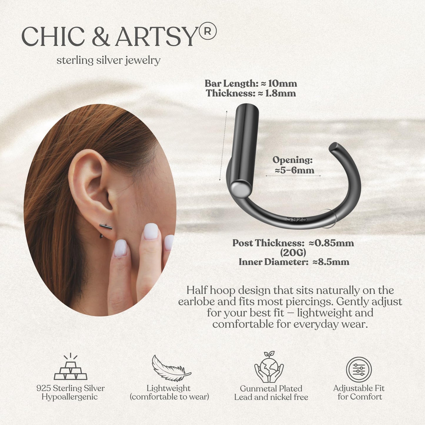 CHIC & ARTSY 925 Sterling Silver Half Hoop Earrings for Women, Gunmetal Black Plated Bar Hoops, Adjustable Comfort Fit Huggie Earrings, Minimalist Sleep Everyday Jewelry