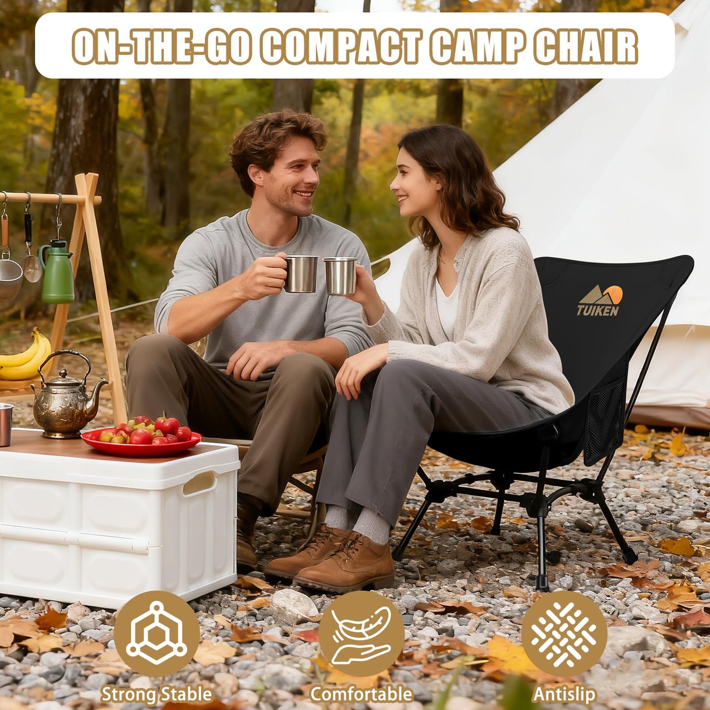 TUIKEN Ultralight Camping Chair Backpacking Chair, Portable Camp Chair with Cup Holder & Storage Bag, Lightweight Compact Folding Chair for Hiking, Travel, Picnic Mountaineering(Deep Black)
