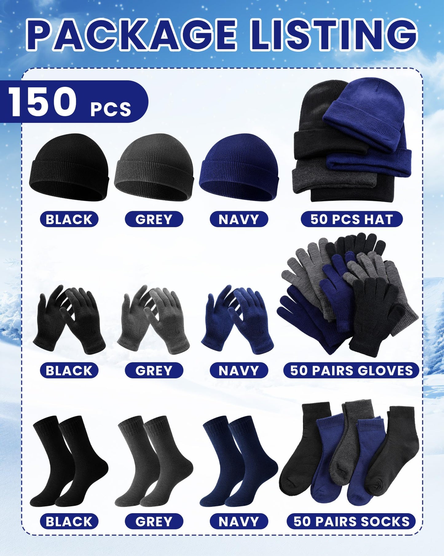 Suhine 150 Pcs Bulk Homeless Supplies Winter Beanies Gloves Socks Set Warm Care Package Homeless Kits for Cold Weather Items (Basic Colors)