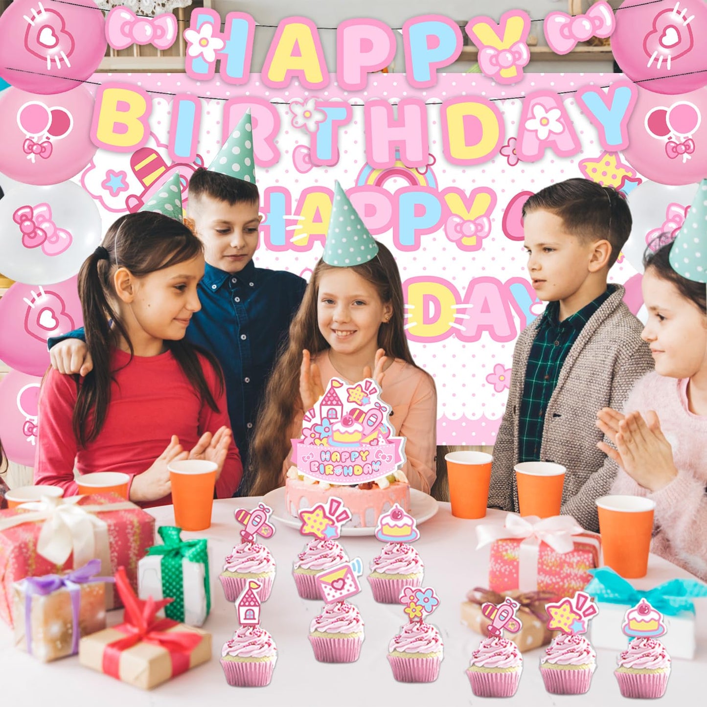 42Pack Kitty cat Party decoration pack include Banner,Cake Toppers,Balloons,Blackdrop for Kitty Birthdday Party Decoration