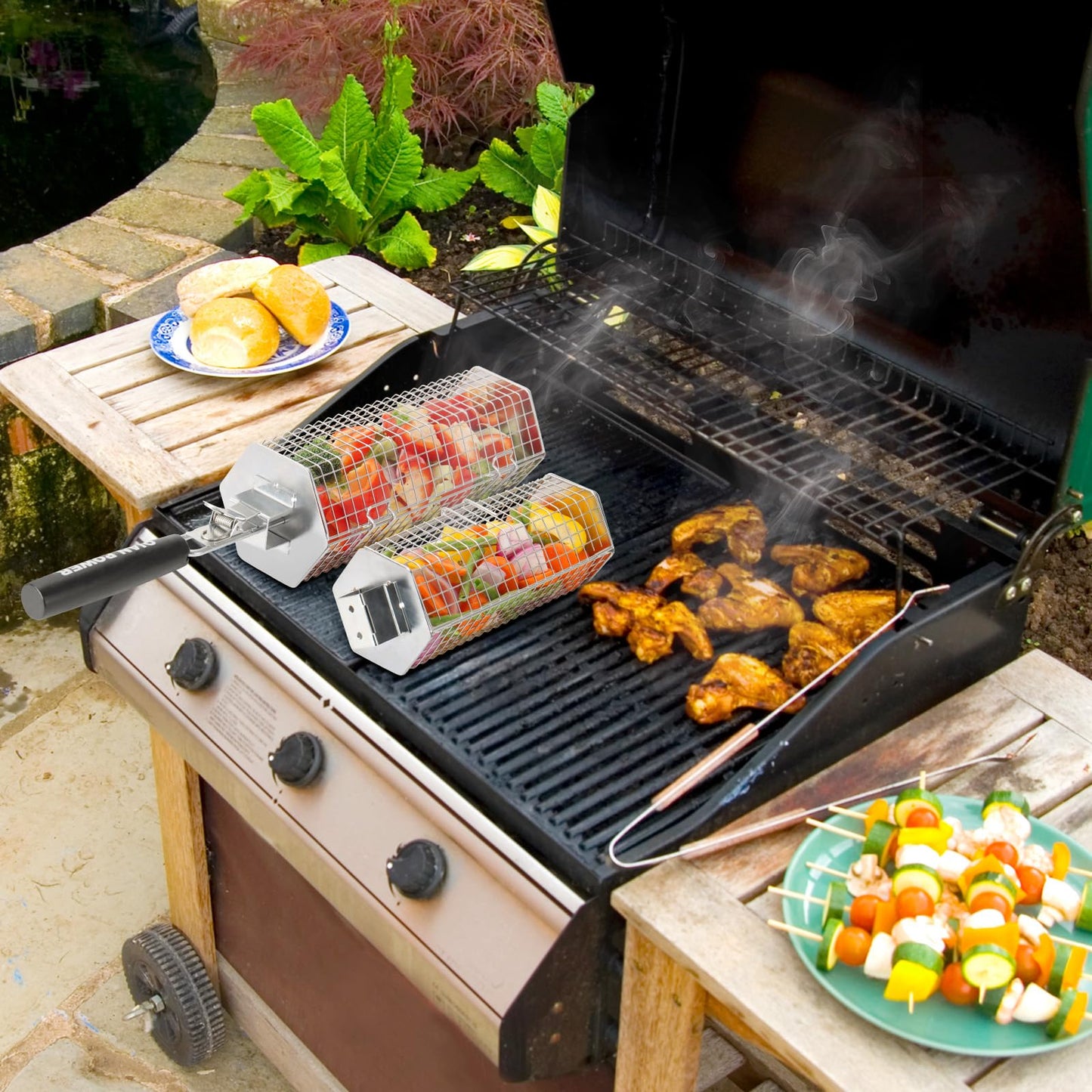 Grill Baskets 2PCS 304 Stainless Steel with Removable Wooden Handle Hexagon Design for BBQ Camping & Outdoor Cooking Accessories, Great Gift for Grill Lovers