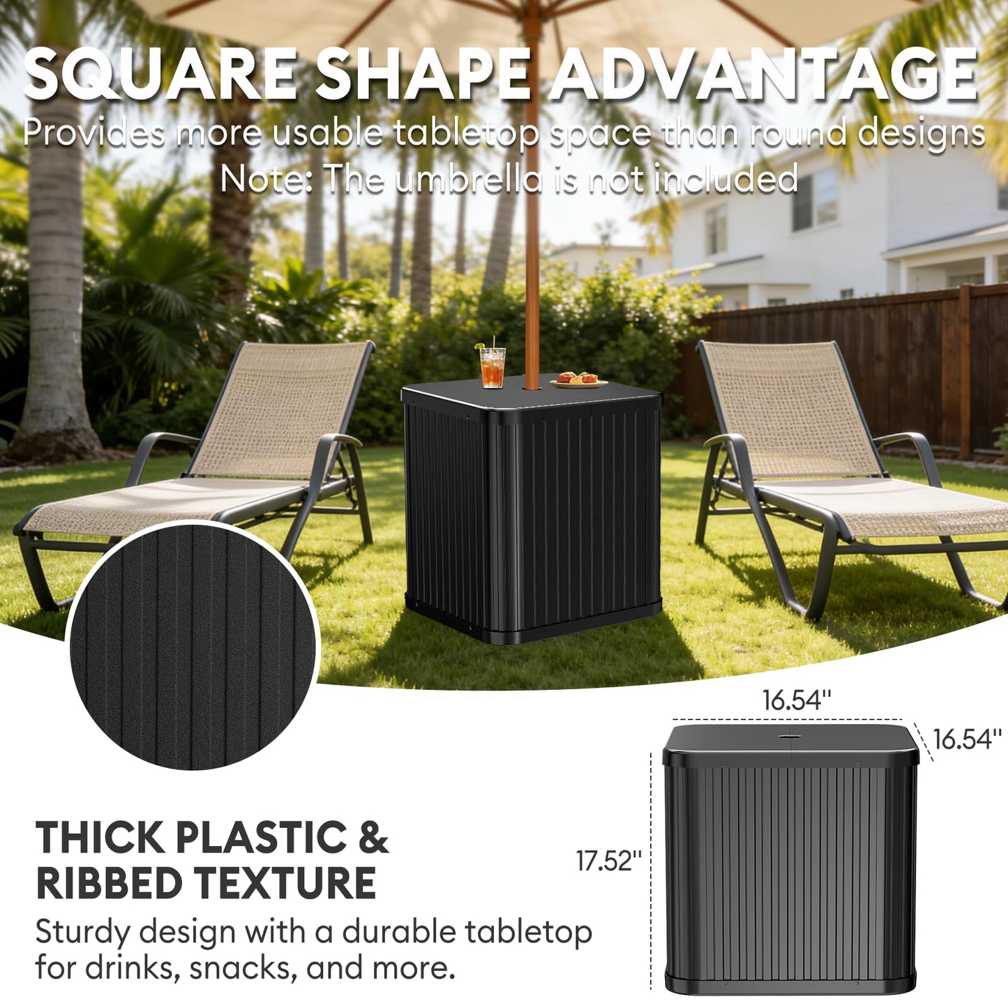 Hyperzoo Umbrella Side Table with Umbrella Hole, 2-in-1 Outdoor Side Table & Umbrella Stand with Fillable Base, Heavy Duty Poolside Table Holds 132 lbs, Fits ≤1.5” Pole for Poolside & Backyard, Black