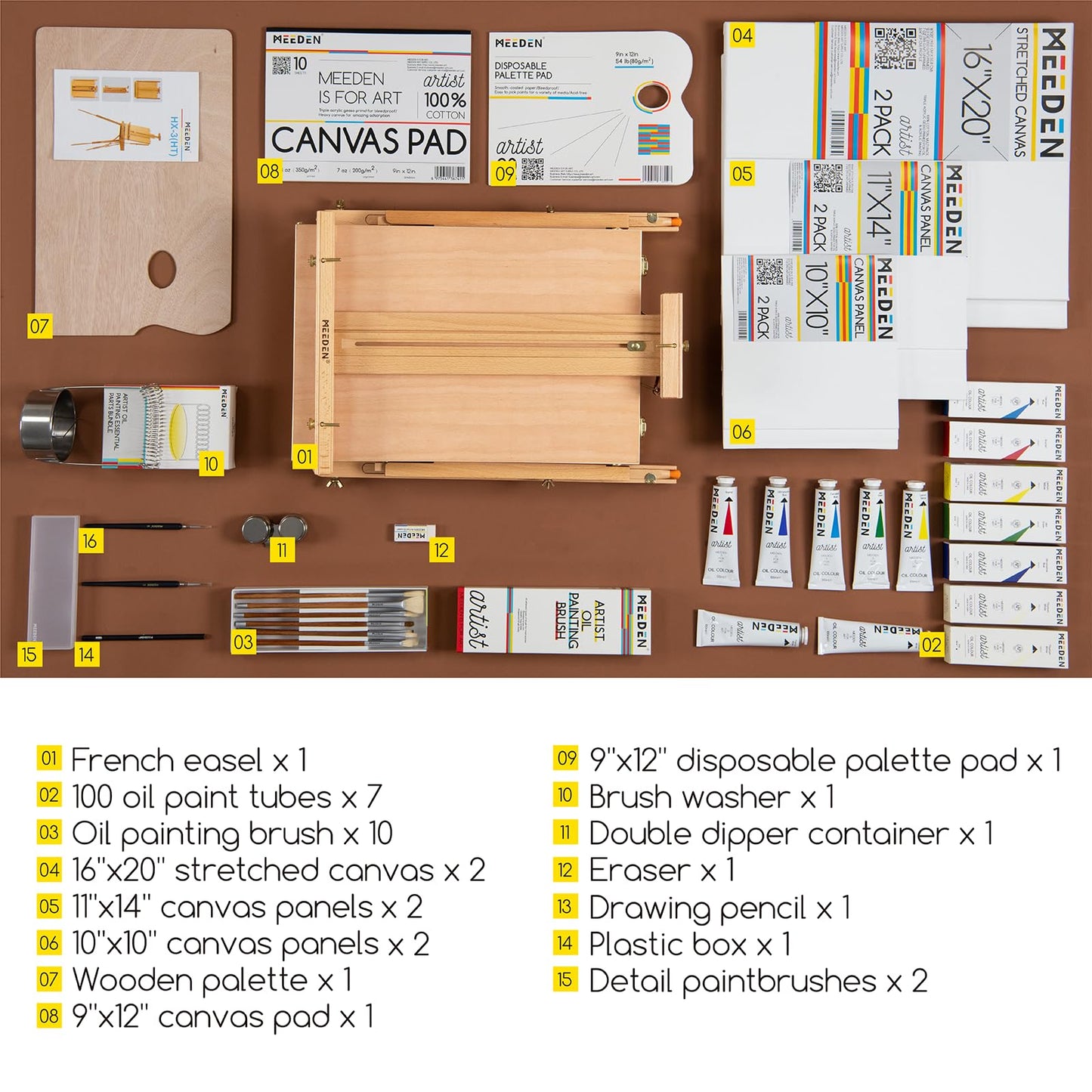 MEEDEN Oil Painting Set with French Easel, Paint Kit with Easel,7x100ml/3.38oz Paint, Paintbrushes,Canvas & Oil Painting Supplies for Adults &Artists