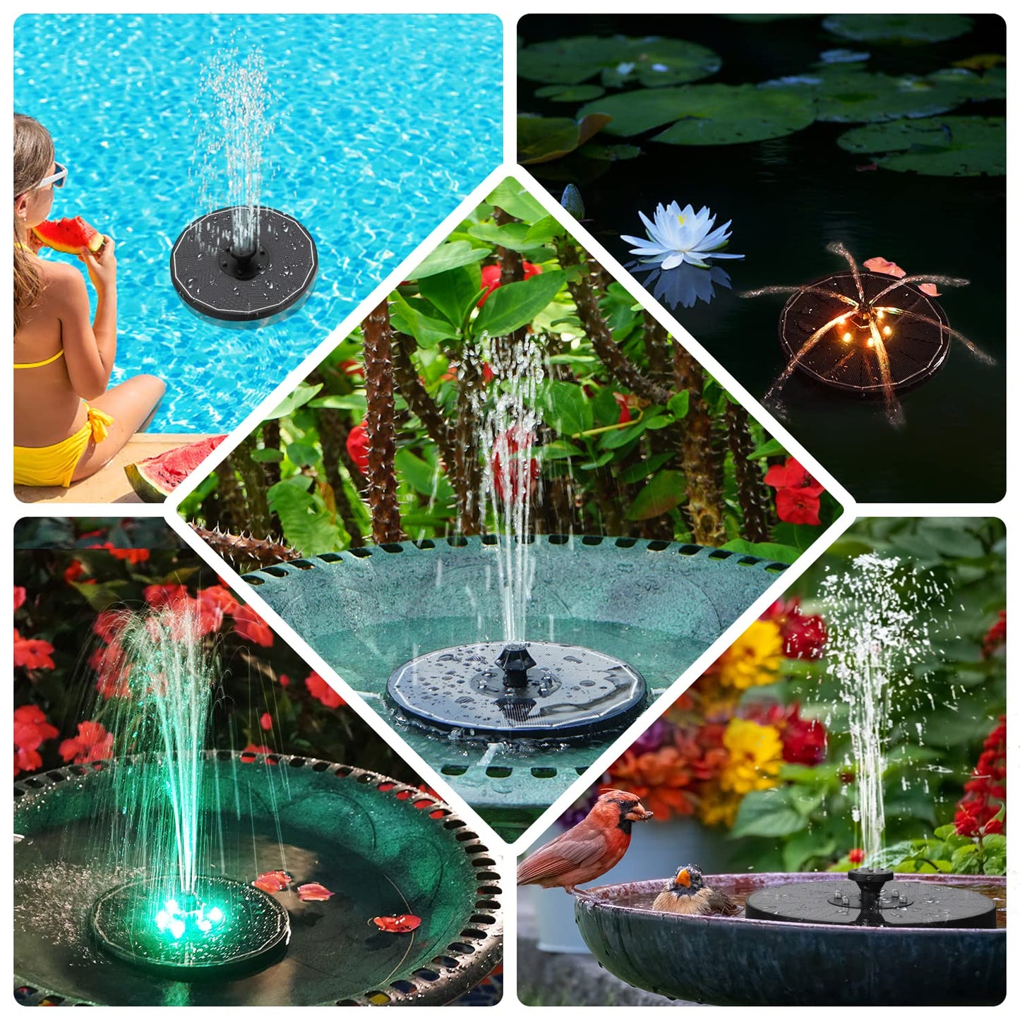 GAIZERL Solar Fountain New, 3.5W Solar Bird Bath Fountains with Glass Panel, 2200 Battery, Hummingbird Water Features with Color LED Lights, 8 Spray Modes & 4 Fixed Pipes for Garden, Pool, Pond