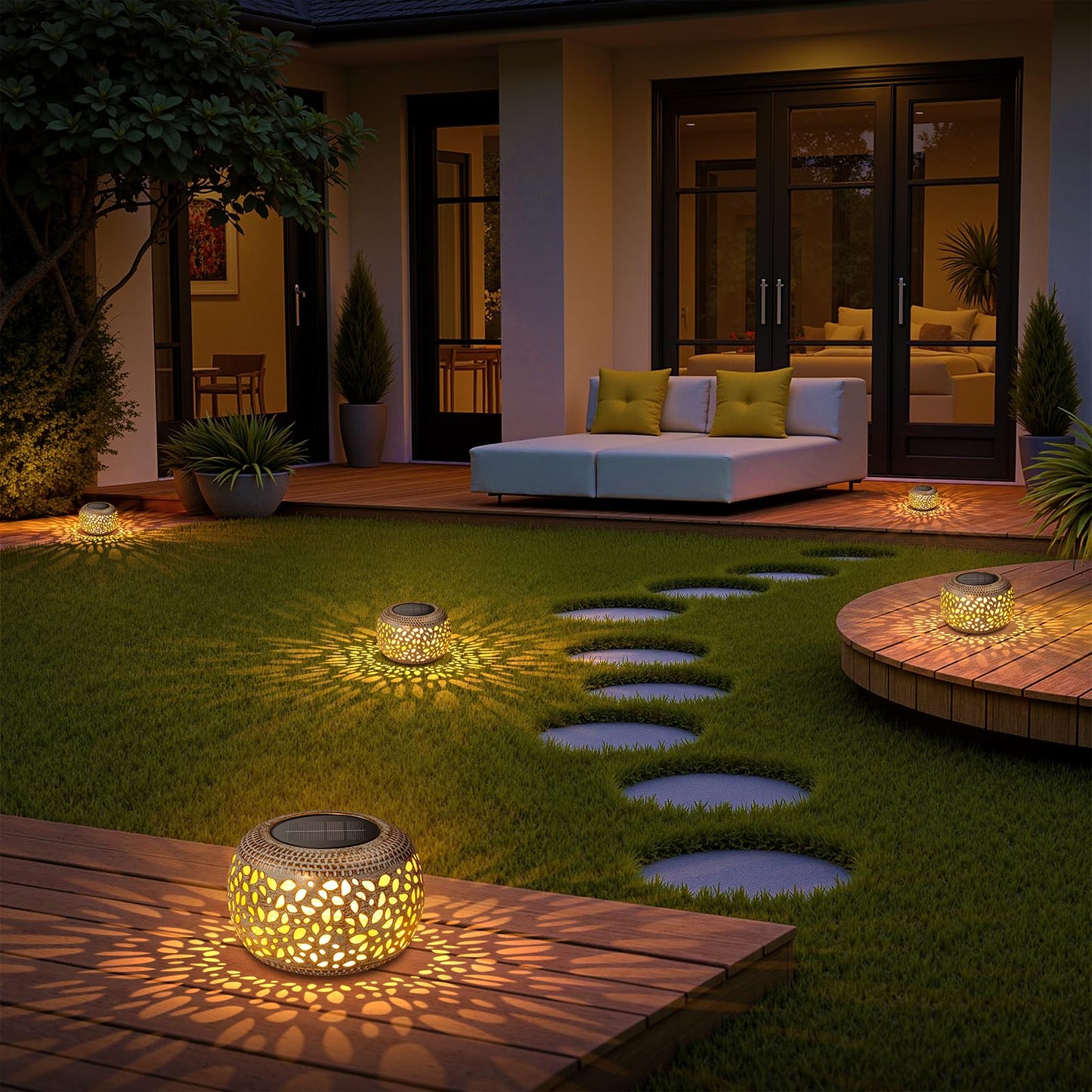 Solar Table Lanterns Outdoor Waterproof: 2 Pack LED Lamps for Patio - White Hollow-Out Metal Retro Solar Light Decor Gift for Women Mom Mothers Day Yard Garden Balcony Indoor Desk Tabletop Decorations