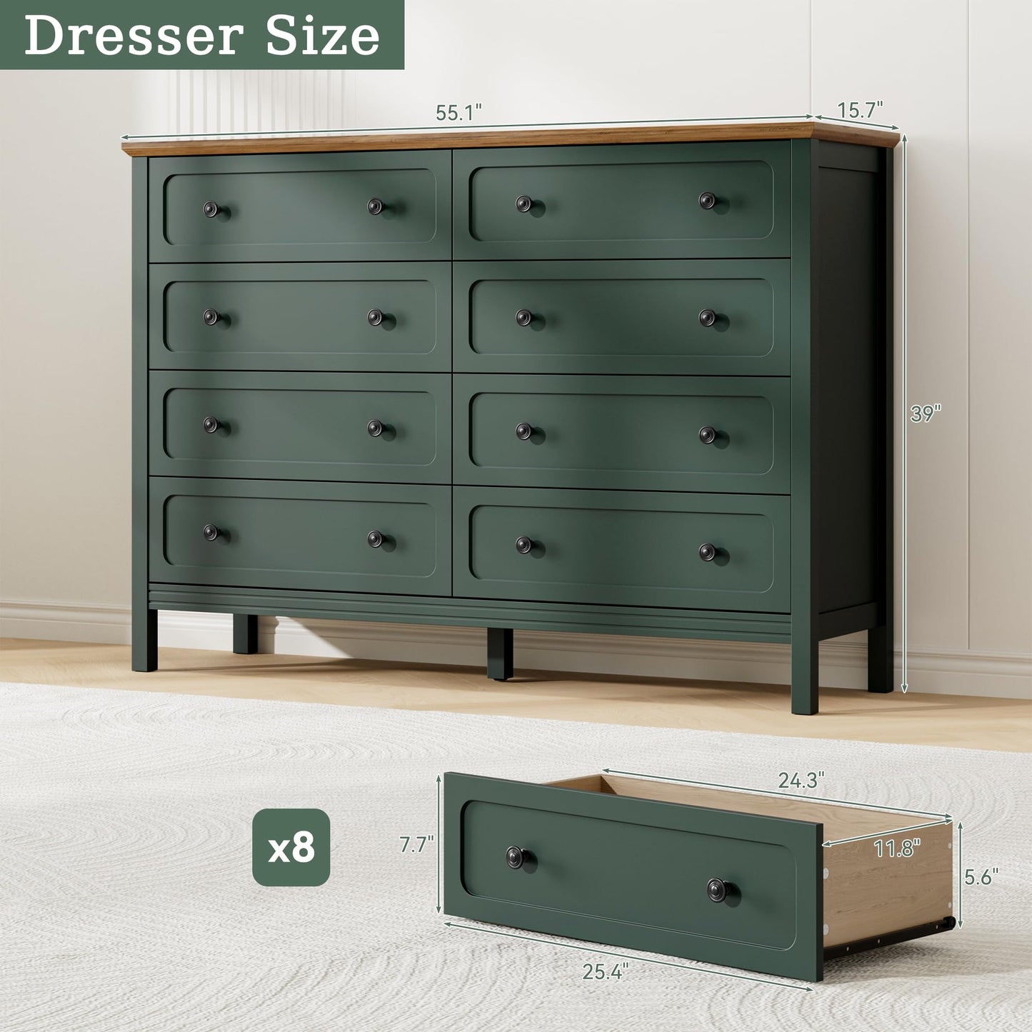 Tradare Green Dresser for Bedroom, 8 Drawer Dresser with Metal Handles, 55" Wide Modern Dressers & Chest of Drawers for Living Room, Hallway, Entryway