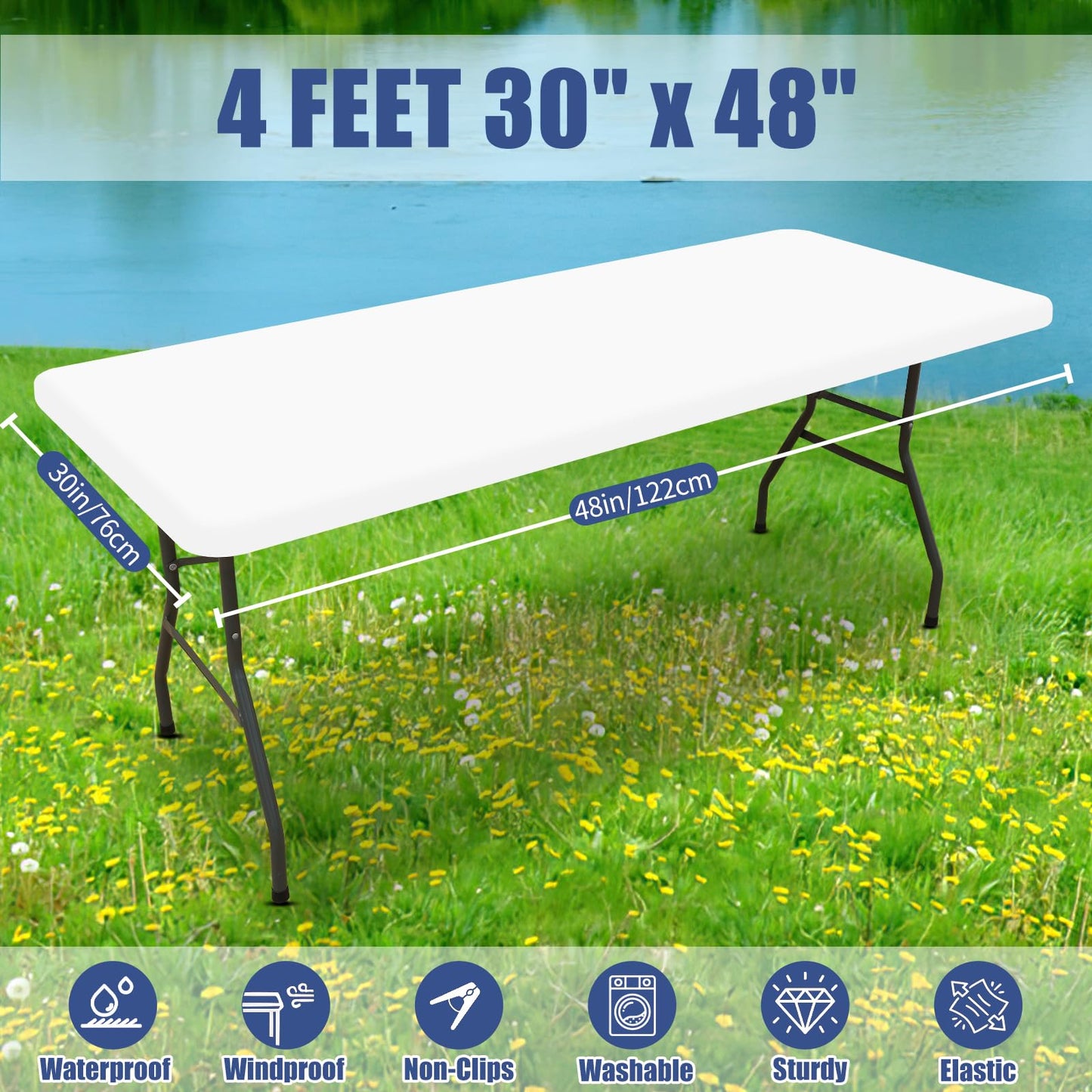 Moosfor Spandex 4 Foot Rectangle Table Cloth 6 Pack, Elastic Fitted Tablecloths for Picnic, Stretch Washable Patio Table Cover for Outdoor, Camping, Banquet and Parties (White, 30"x48")